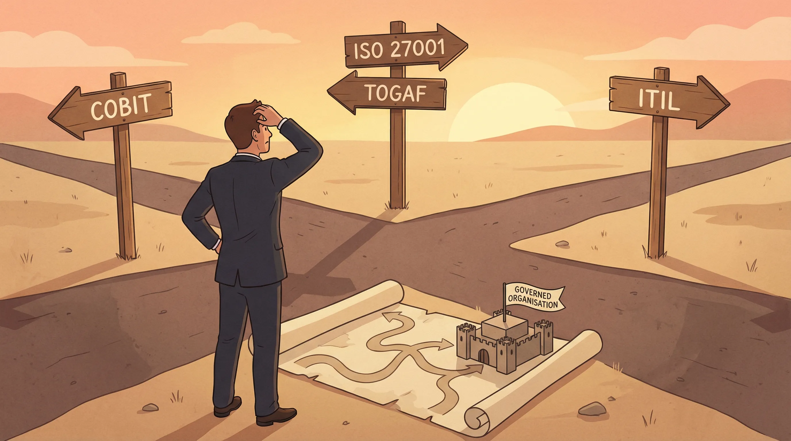 A grand boardroom with four marble pillars labeled COBIT, ITIL, ISO, TOGAF supporting a ceiling inscribed GOVERNANCE