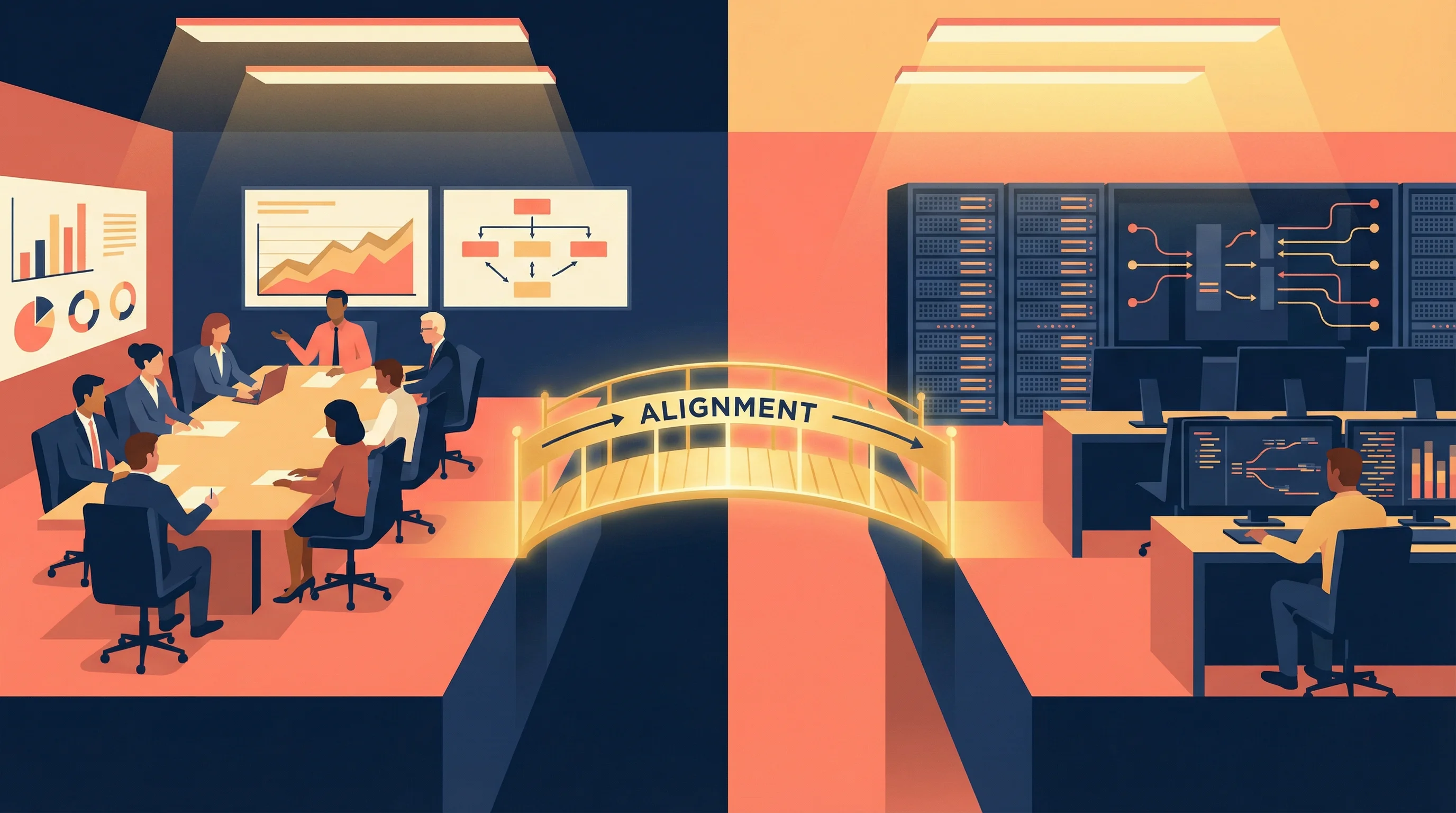 A business boardroom on the left connected by a golden bridge labeled Alignment to an IT command center on the right
