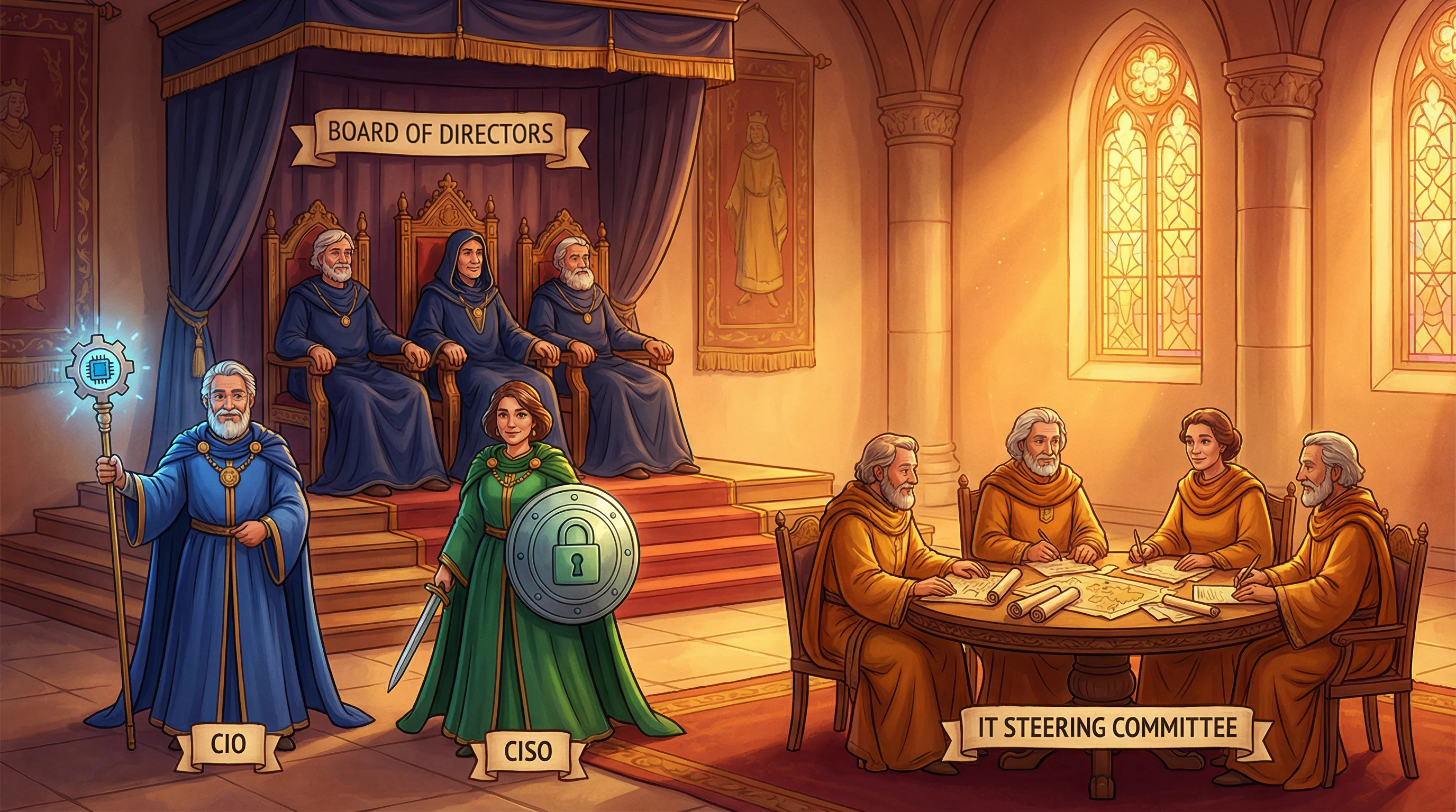 A royal court scene with the Board of Directors on a throne, CIO with a tech scepter, CISO with a shield, and IT Steering Committee at a round table