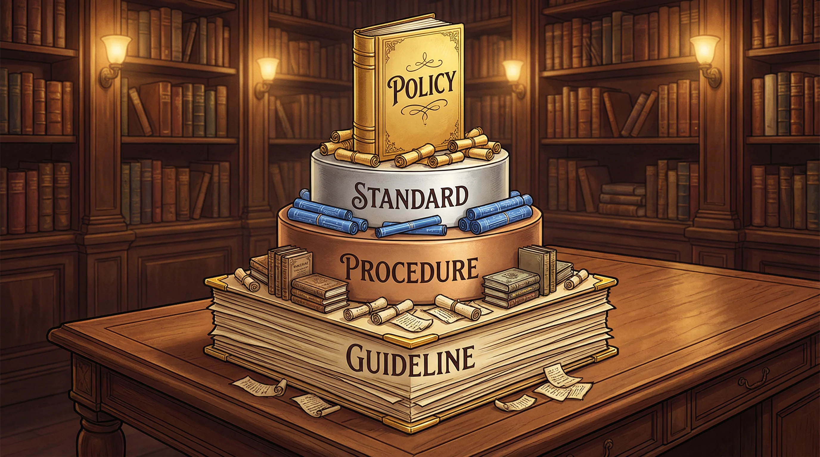 A tiered pyramid in a grand library, with layers labeled Policy, Standard, Procedure, and Guideline from top to bottom