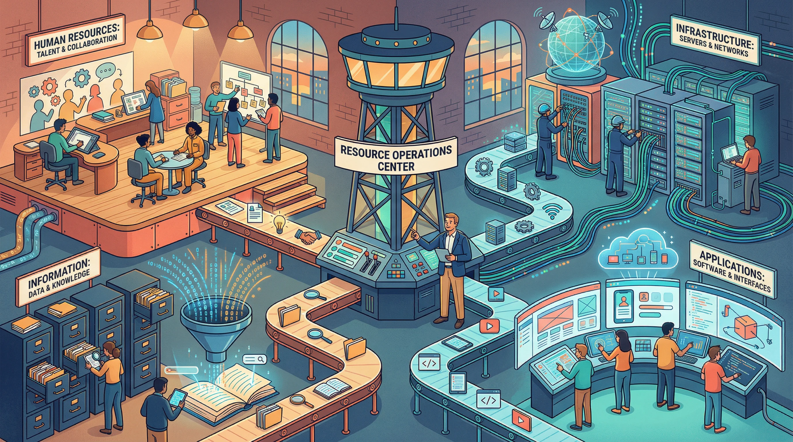 A vibrant operations center with four resource stations: Human Resources, Infrastructure, Applications, and Information