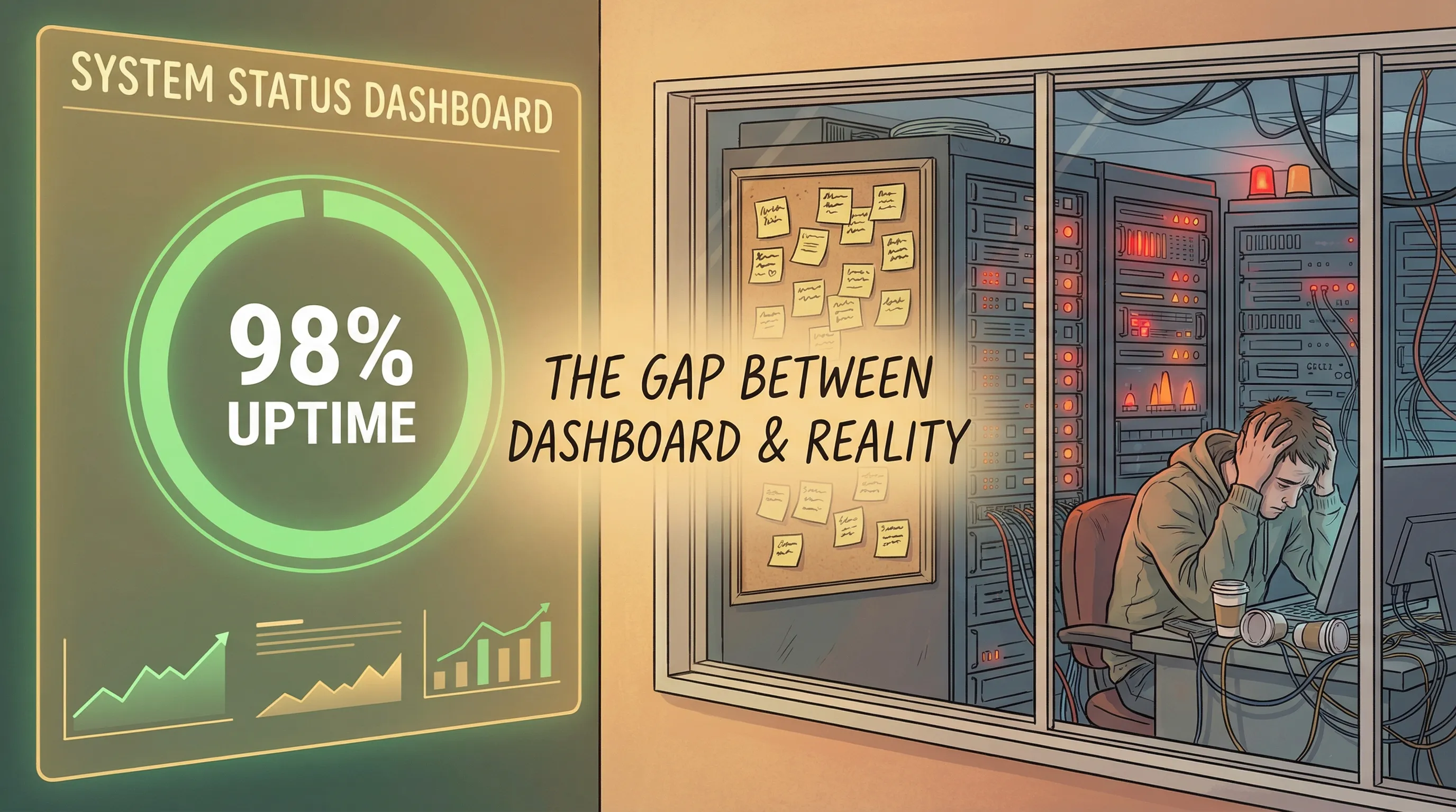 A mission control center with screens showing KPI gauges, KRI warnings, balanced scorecard quadrants, and benchmarking charts