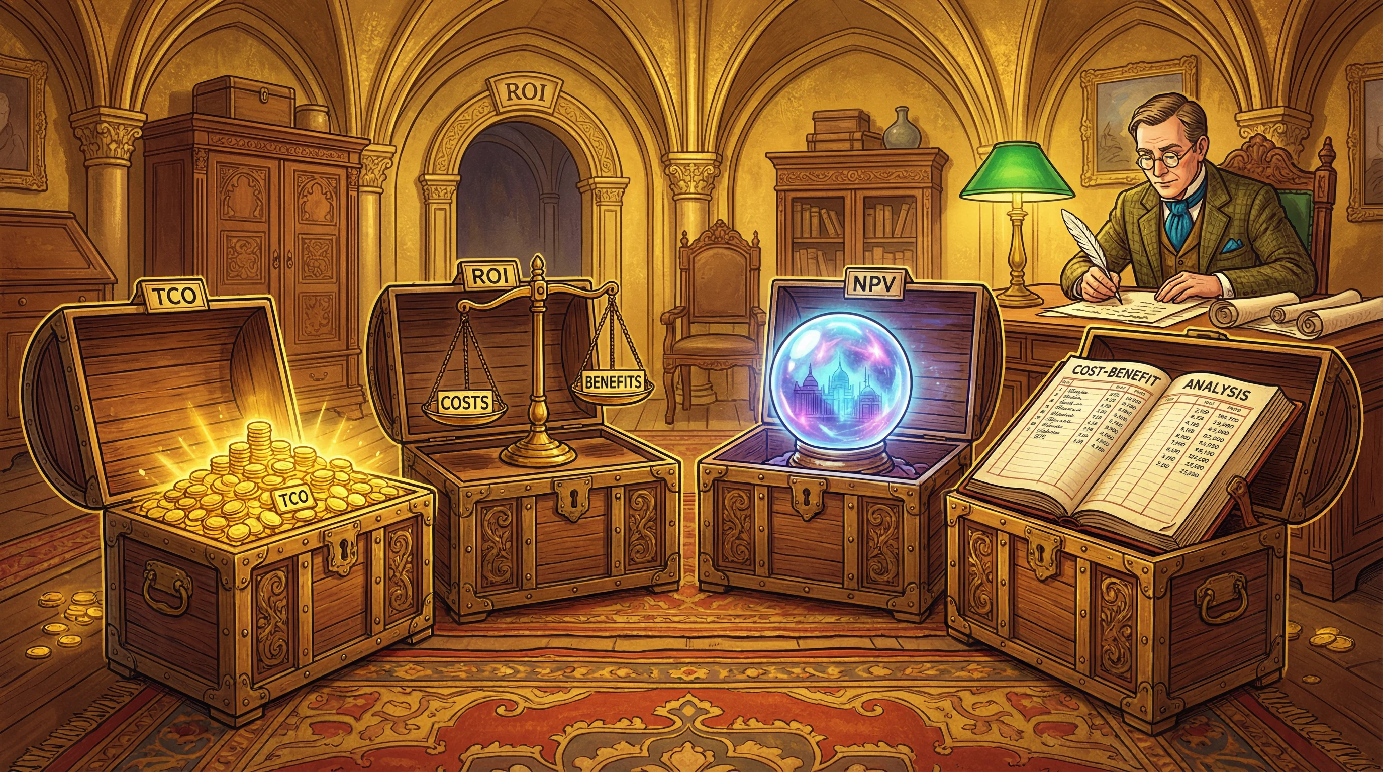 A treasure vault with four chests representing TCO, ROI, NPV, and Cost-Benefit Analysis, with a finance officer reviewing investments