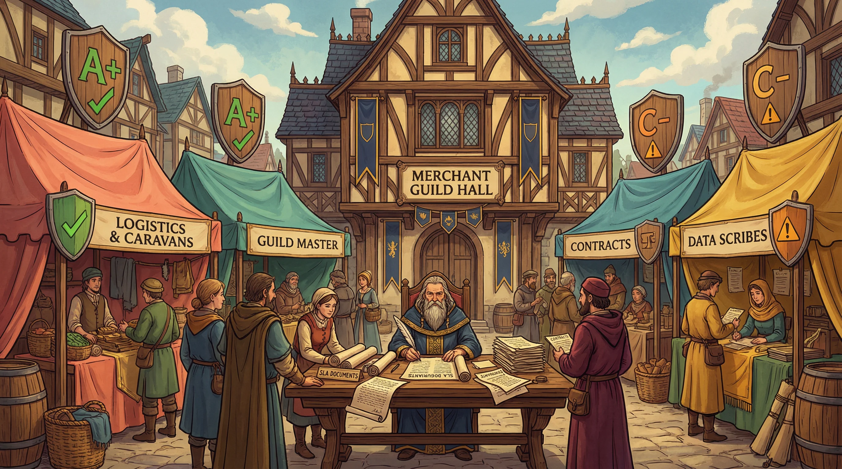 A medieval marketplace with a guild master reviewing SLA contracts at vendor stalls, each displaying quality rating shields