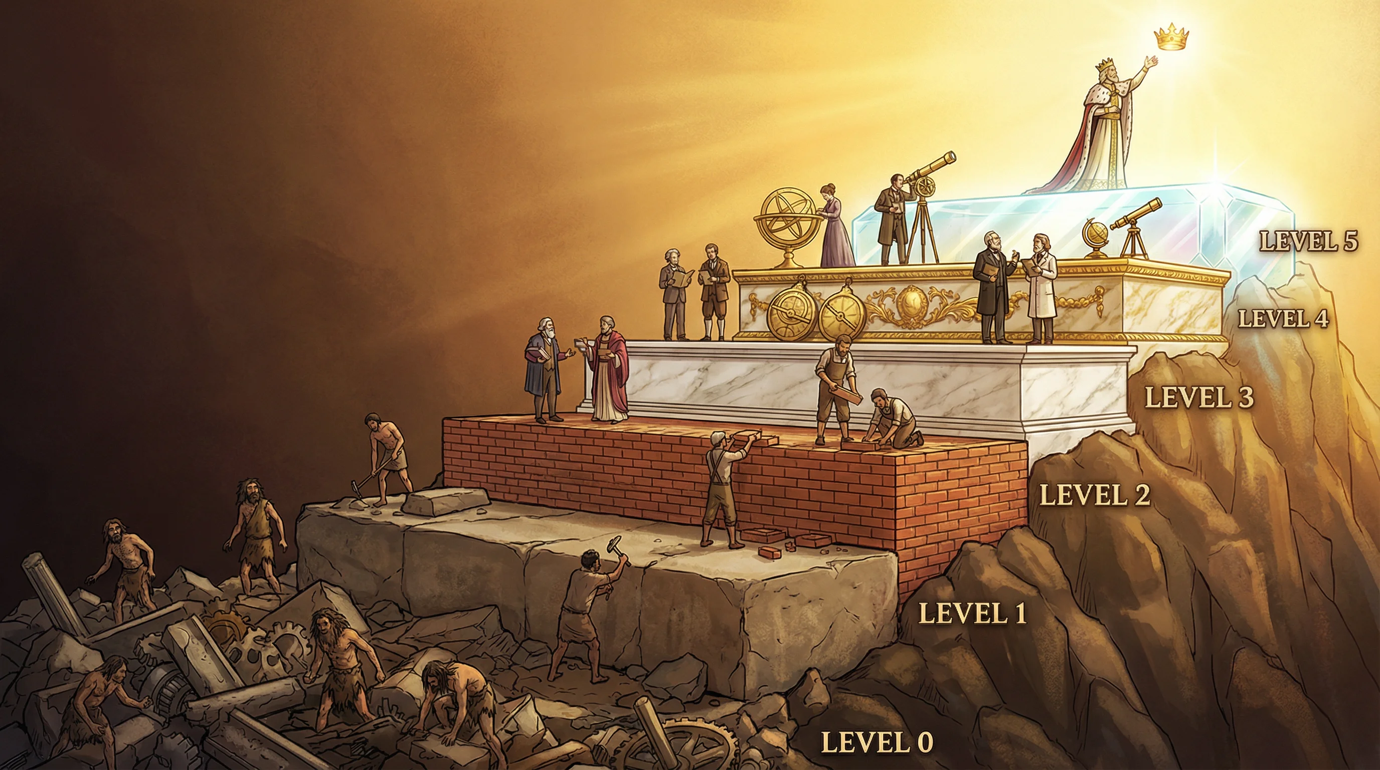A grand staircase with six levels ascending from chaotic rubble at Level 0 to a gleaming crystal platform with a golden crown at Level 5
