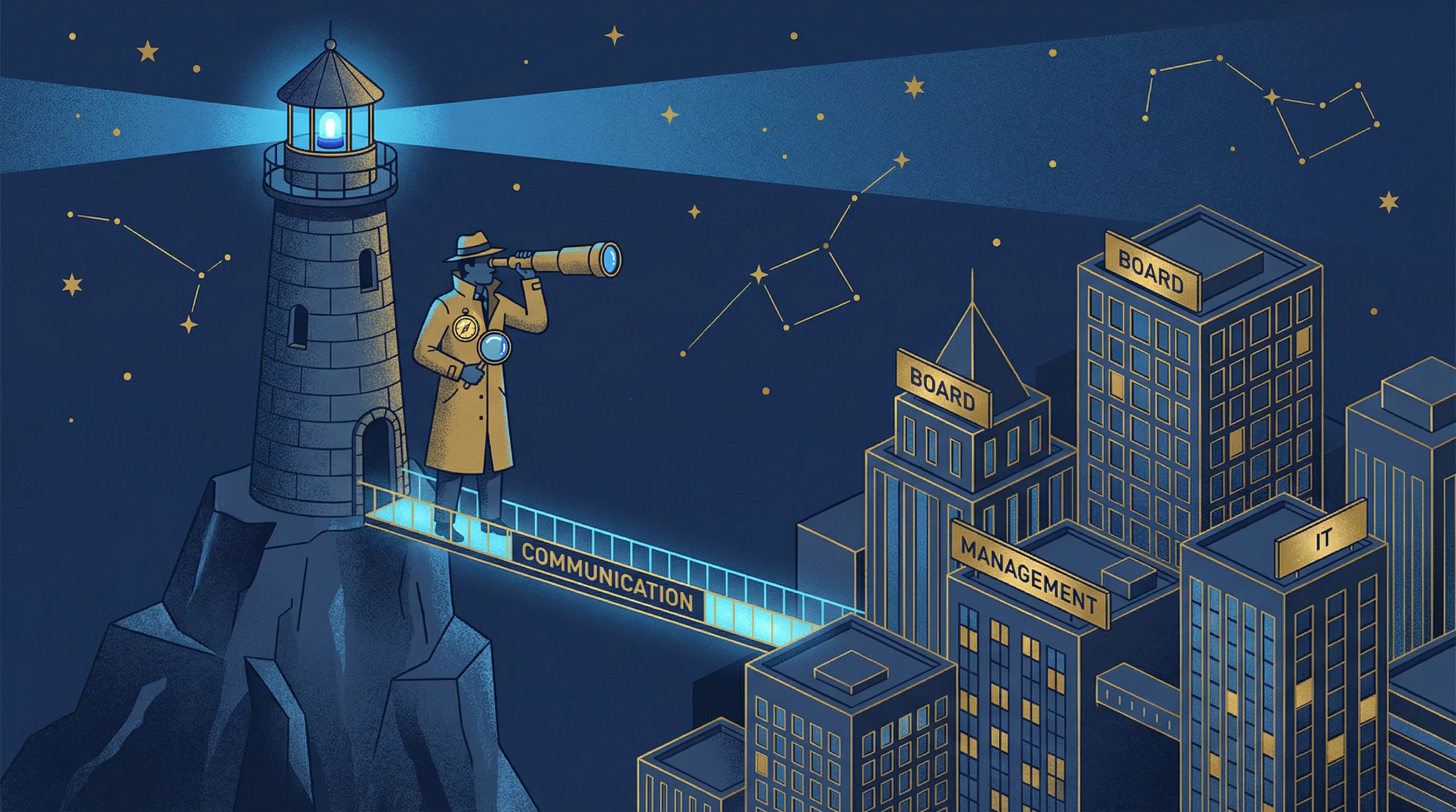 An independent watchtower observatory with an auditor using a telescope, overlooking a corporate city with Board, Management, and IT buildings, connected by a narrow communication bridge