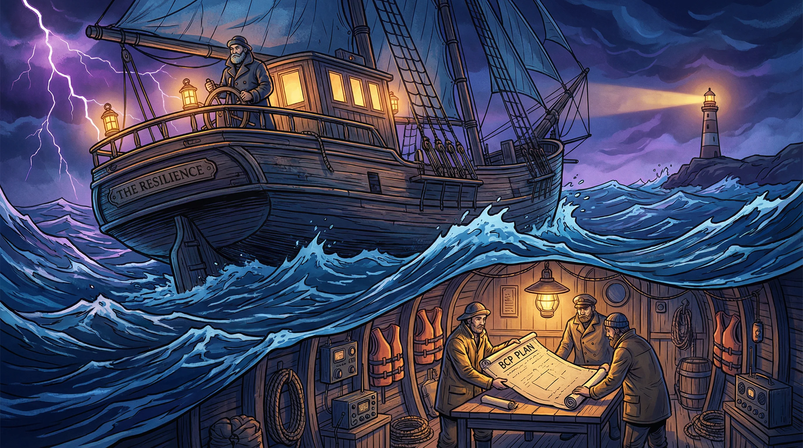 A ship navigating a storm with a calm captain at the helm, crew below deck executing a BCP plan, and a lighthouse in the distance representing recovery objectives