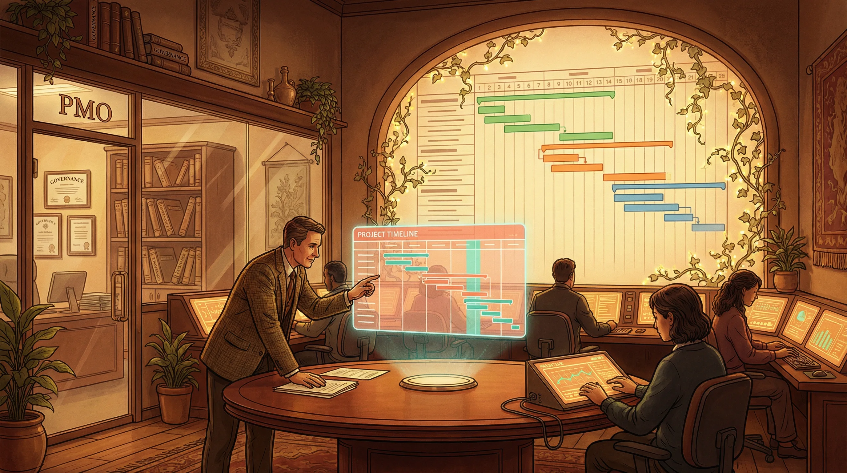 A project management war room with Gantt charts, a project charter on the wall, and a project manager presenting to stakeholders