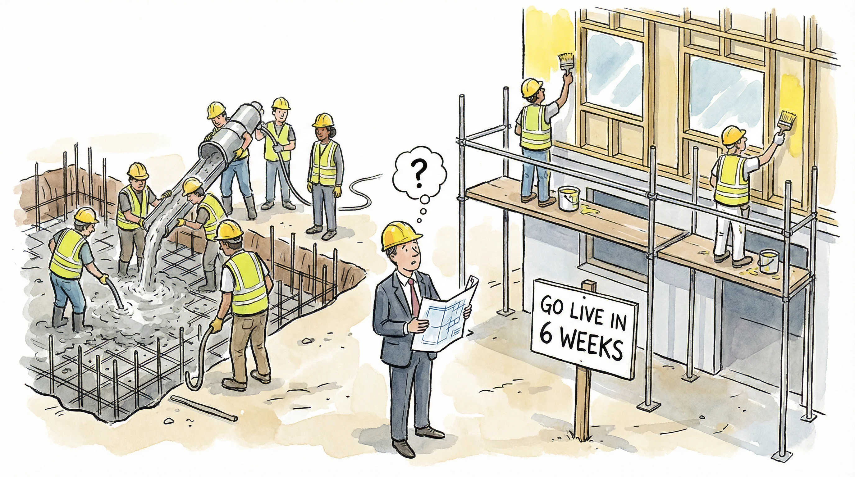 A construction site where different workers are doing different phases simultaneously and out of order — one team is still laying foundations while another is already painting the top floor