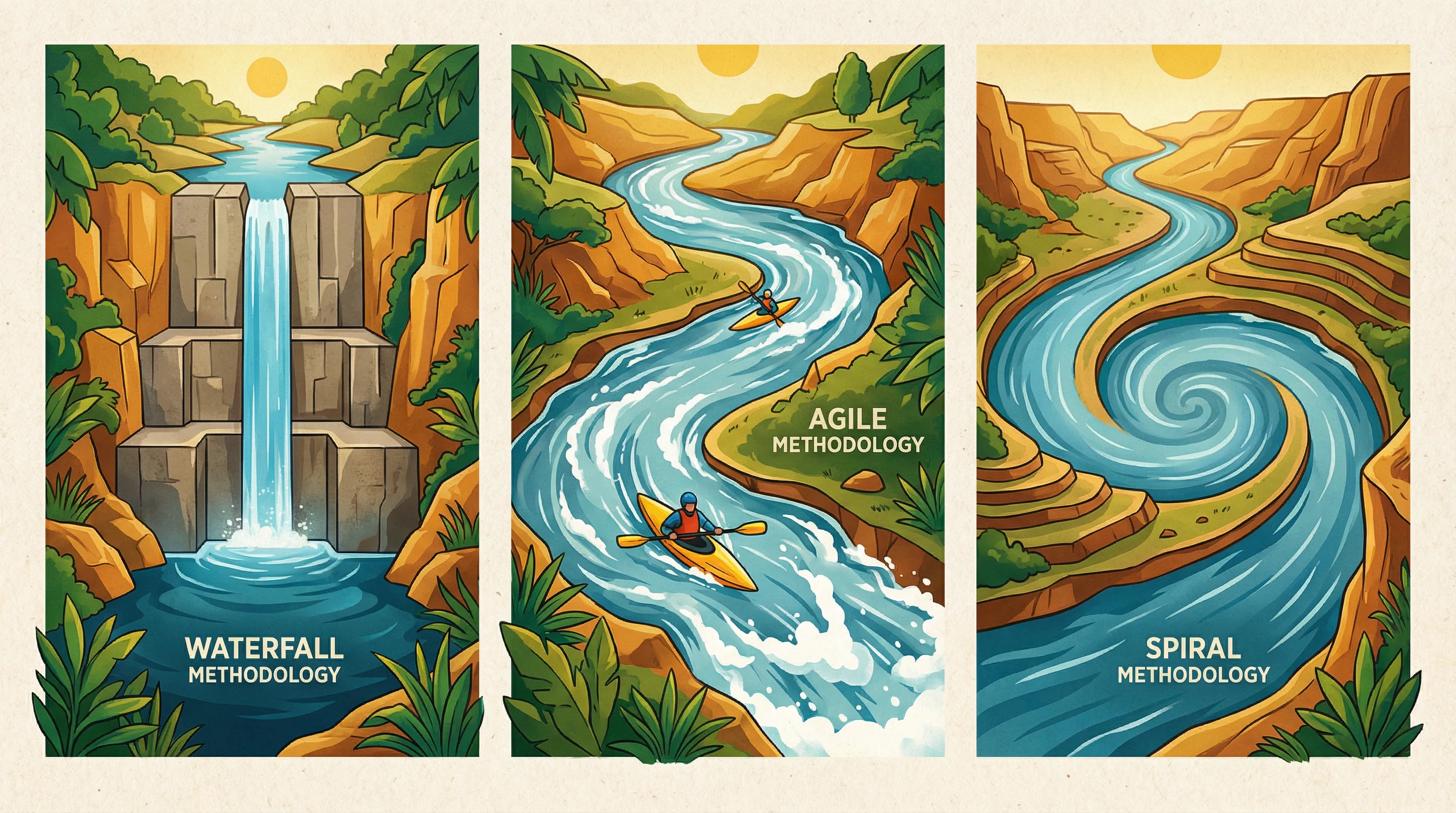 Three contrasting river scenes: a rigid stepped waterfall, a fast agile kayaker in rapids, and a spiraling river through a canyon
