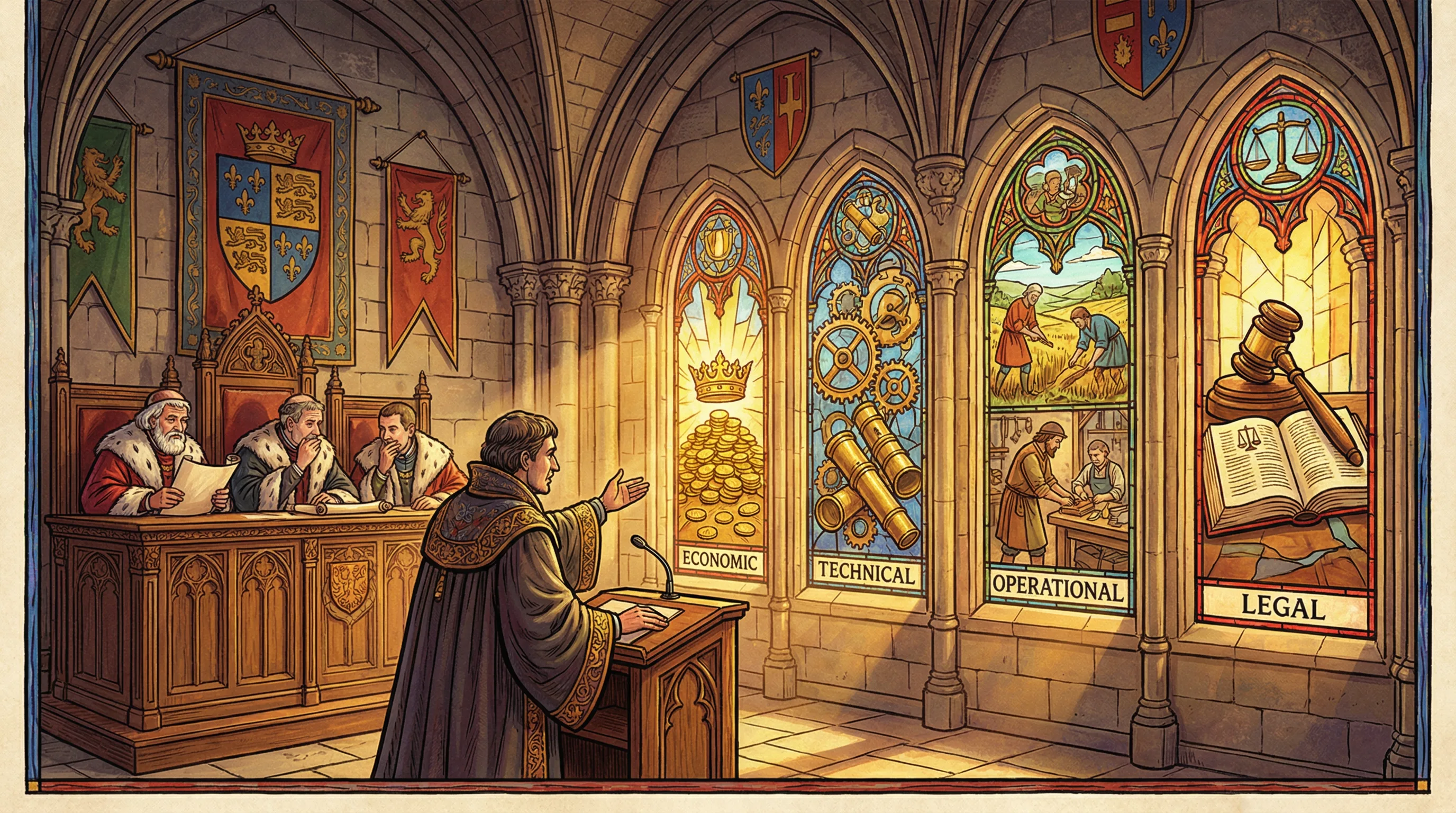 A medieval courtroom with four stained glass windows representing economic, technical, operational, and legal feasibility