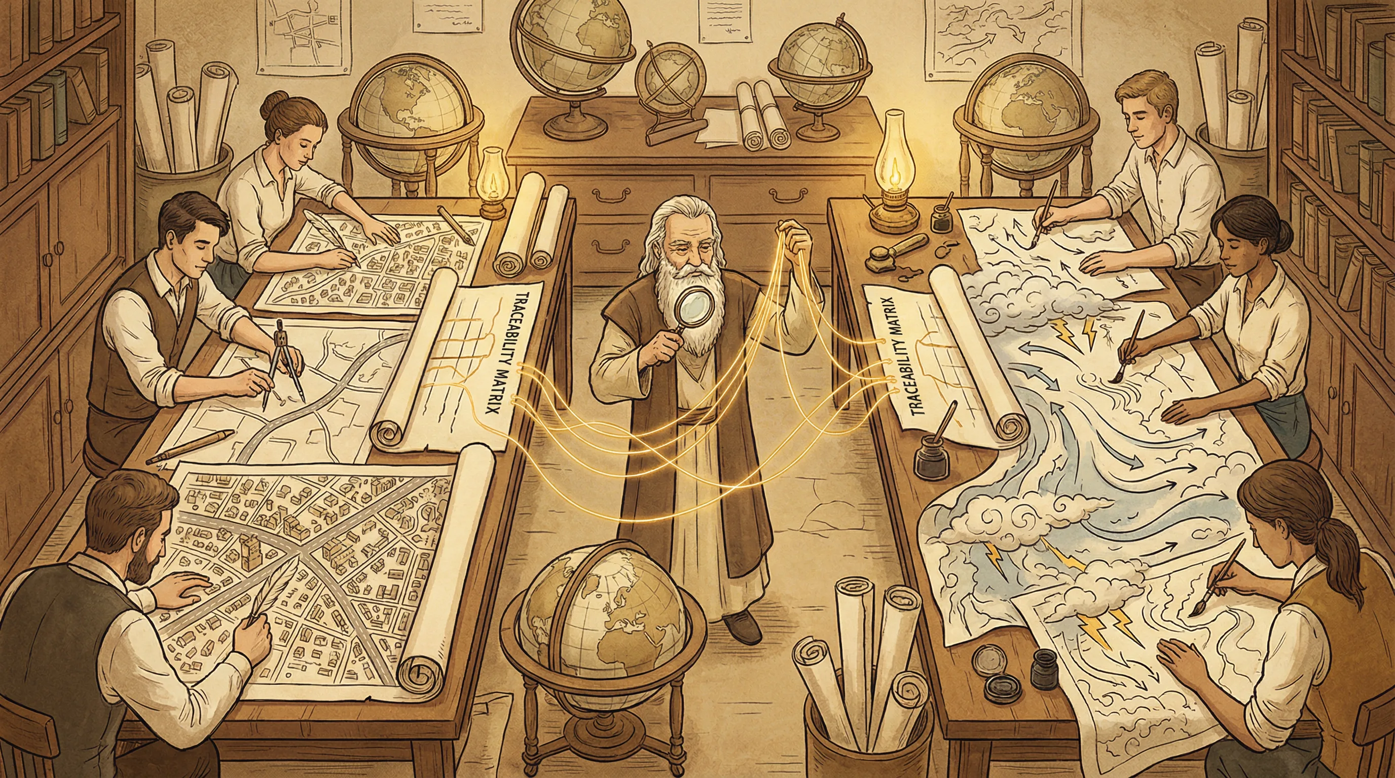 A cartographers workshop with two teams drawing functional and non-functional requirement maps, connected by golden traceability threads