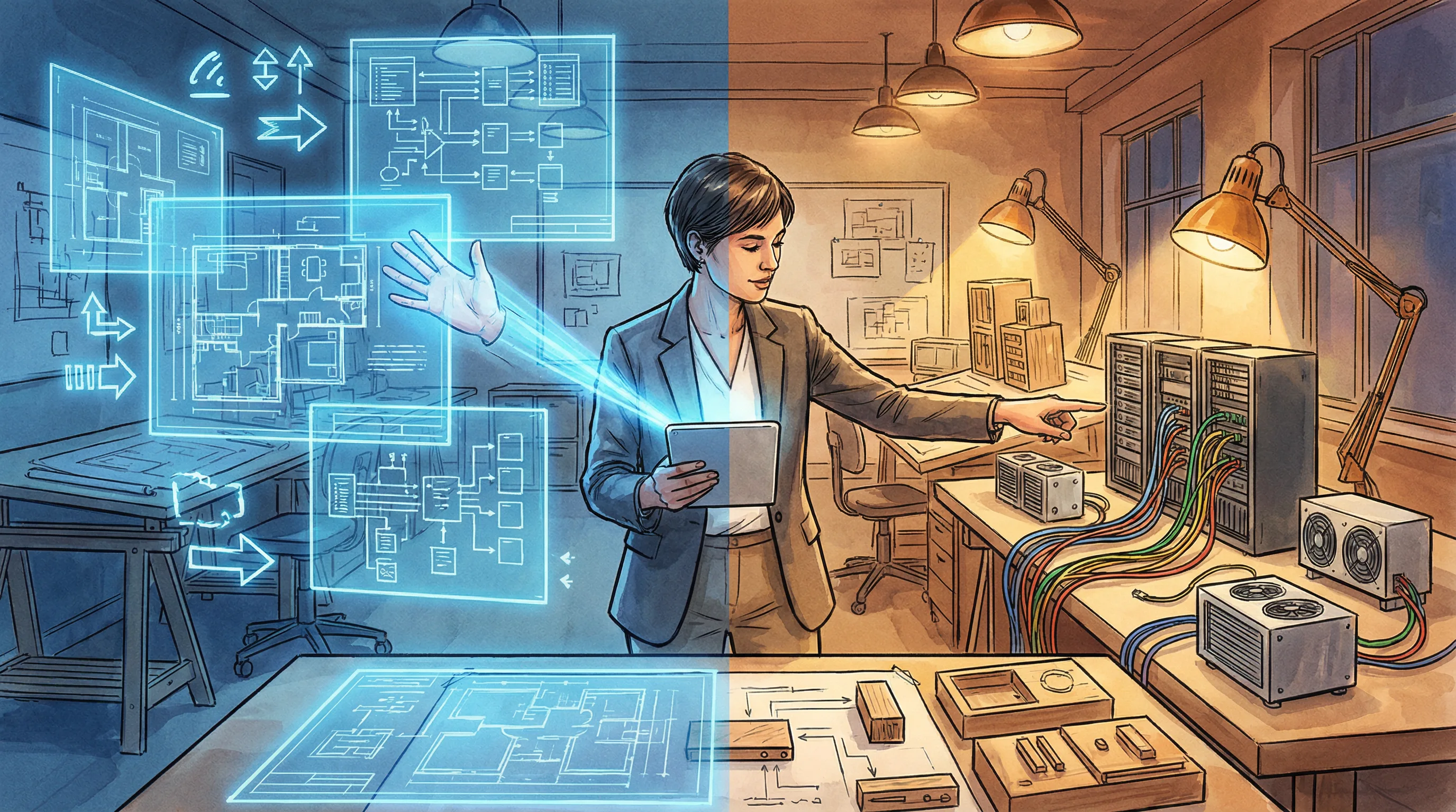 An architect's studio split in two: glowing abstract blueprints for logical design on the left, physical hardware and servers on the right