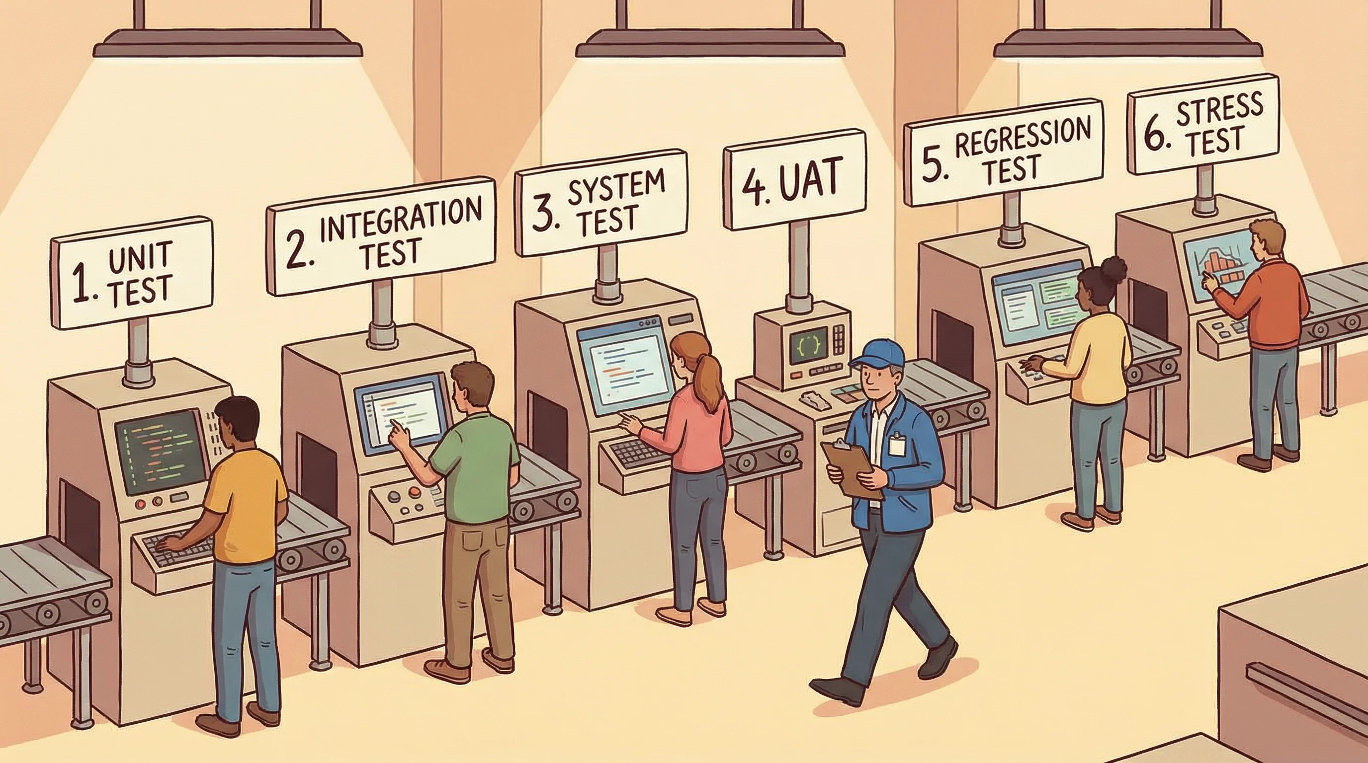 A quality control factory floor with 6 testing stations: Unit, Integration, System, UAT, Stress, and Regression testing