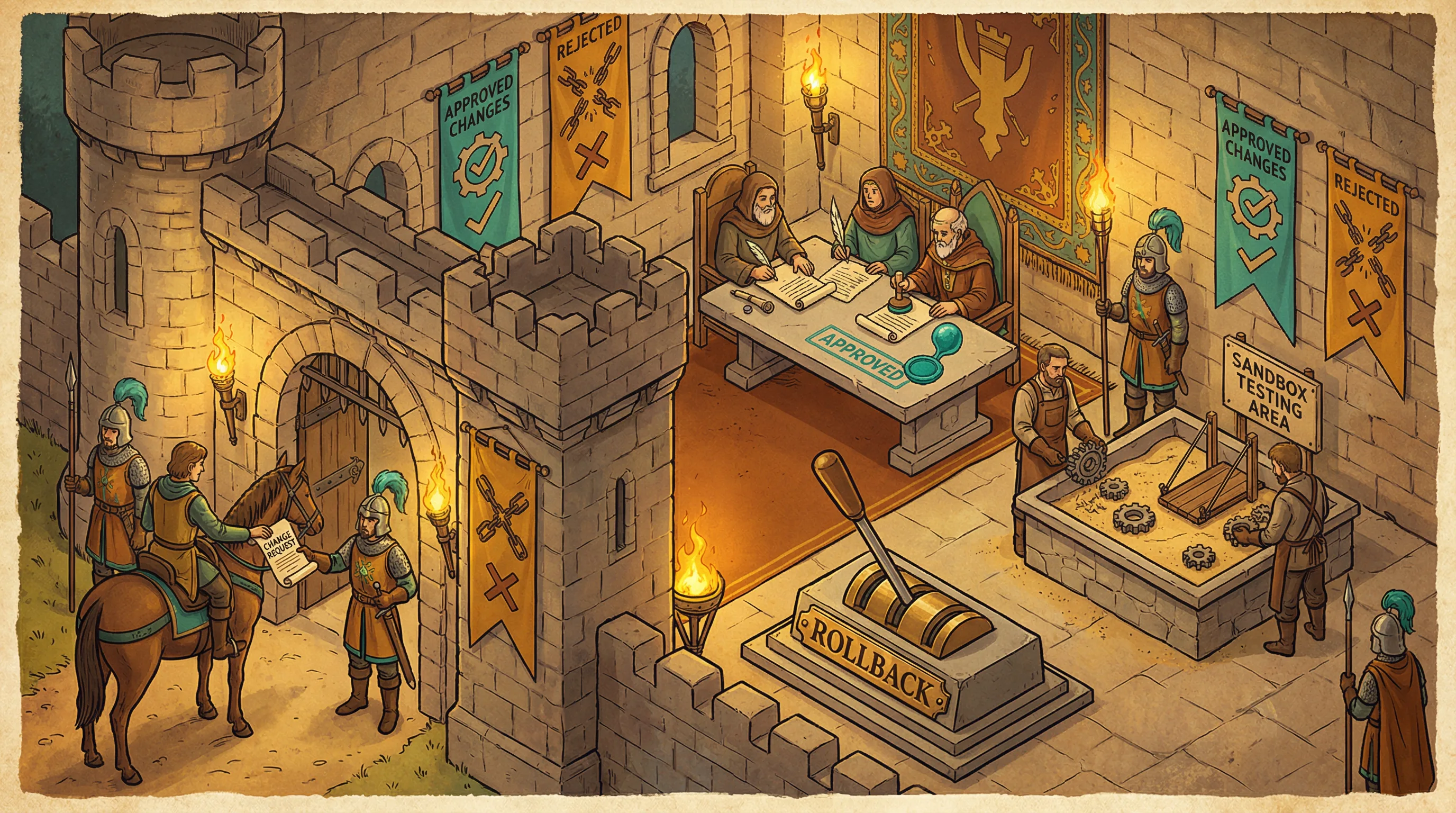 A medieval castle gatehouse with a controlled drawbridge system: messenger with change request, council reviewing approval, sandbox testing area, and a rollback lever
