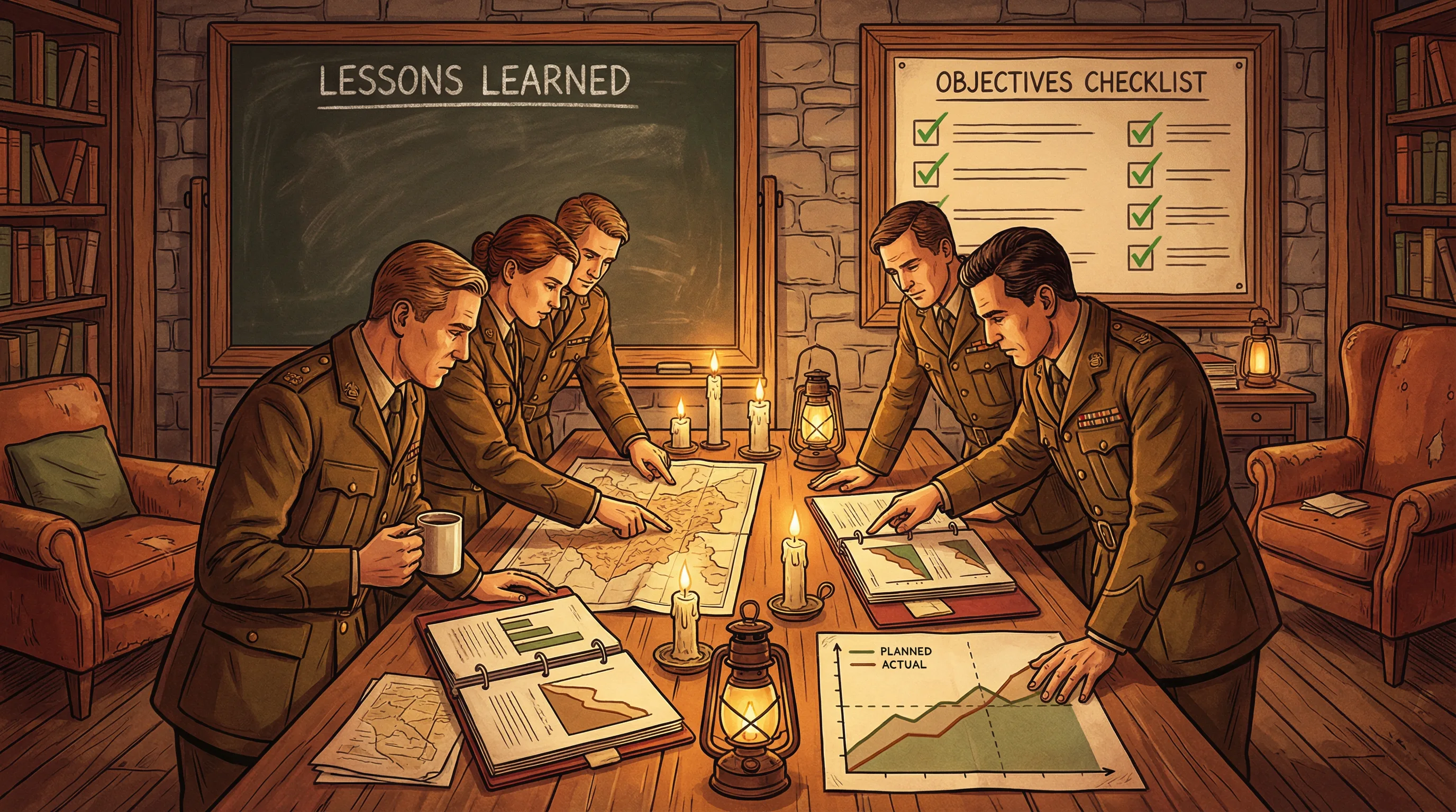 An after-action review in a cozy war room with officers reviewing maps, a lessons learned board, and actual vs planned outcome graphs