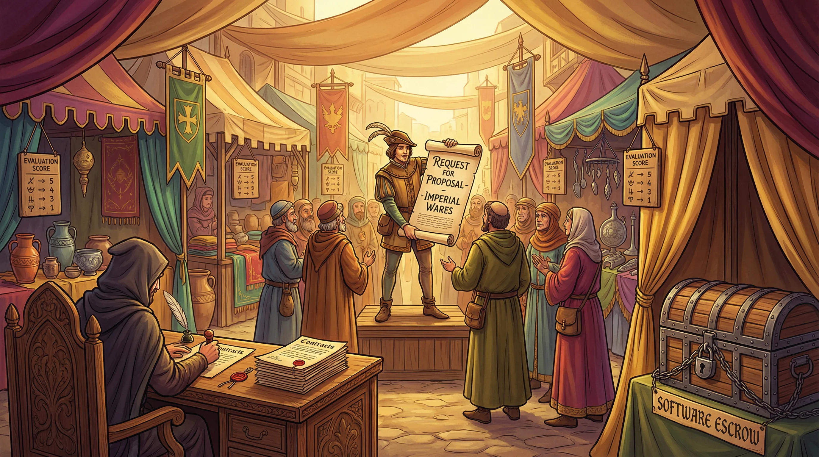 A medieval marketplace bazaar with a herald reading an RFP scroll, vendor booths with evaluation scorecards, a notary signing contracts, and a locked treasure chest for software escrow