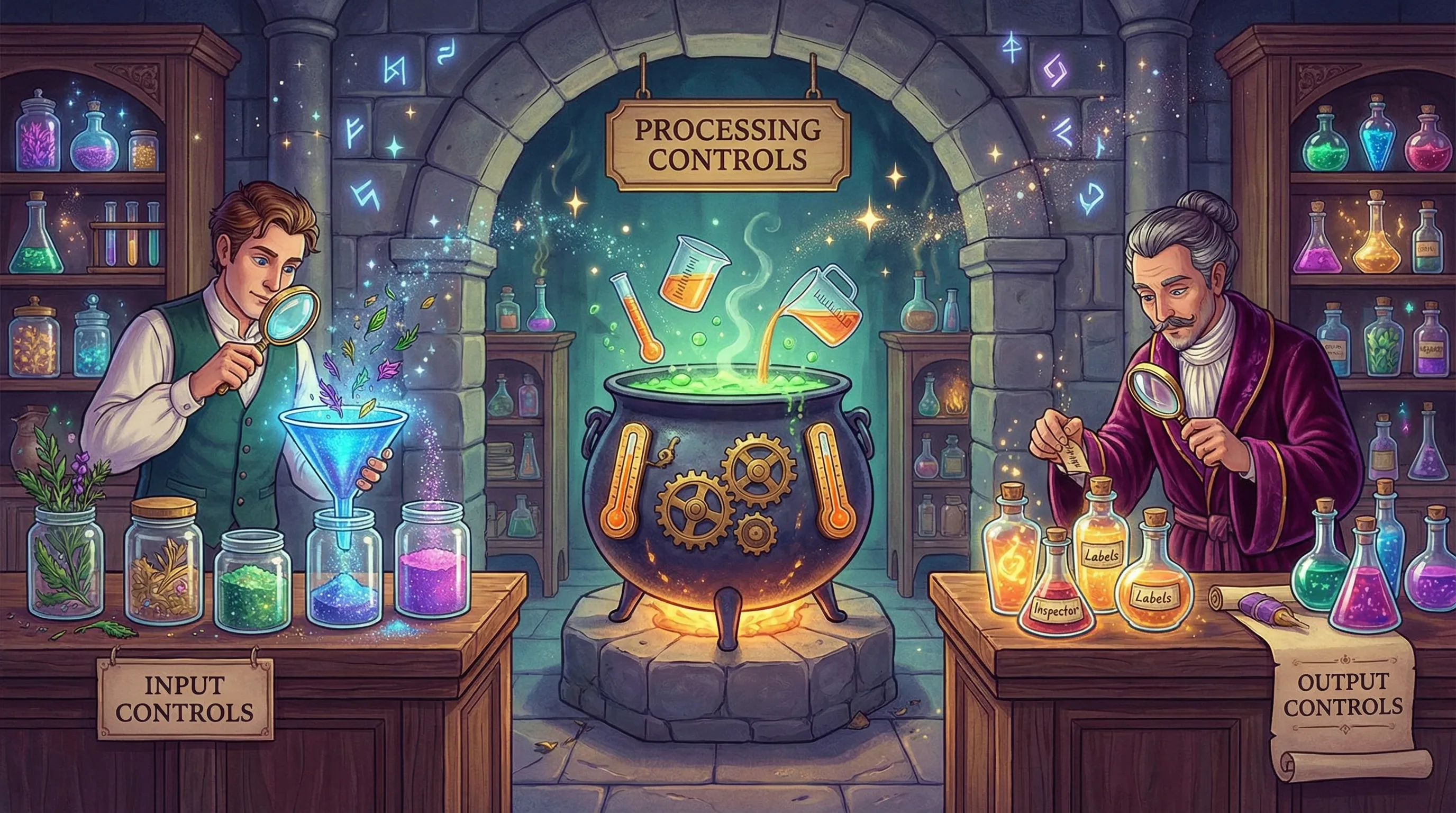 A magical potion laboratory with three stations: input controls filtering ingredients, processing controls monitoring the cauldron, and output controls inspecting finished potions