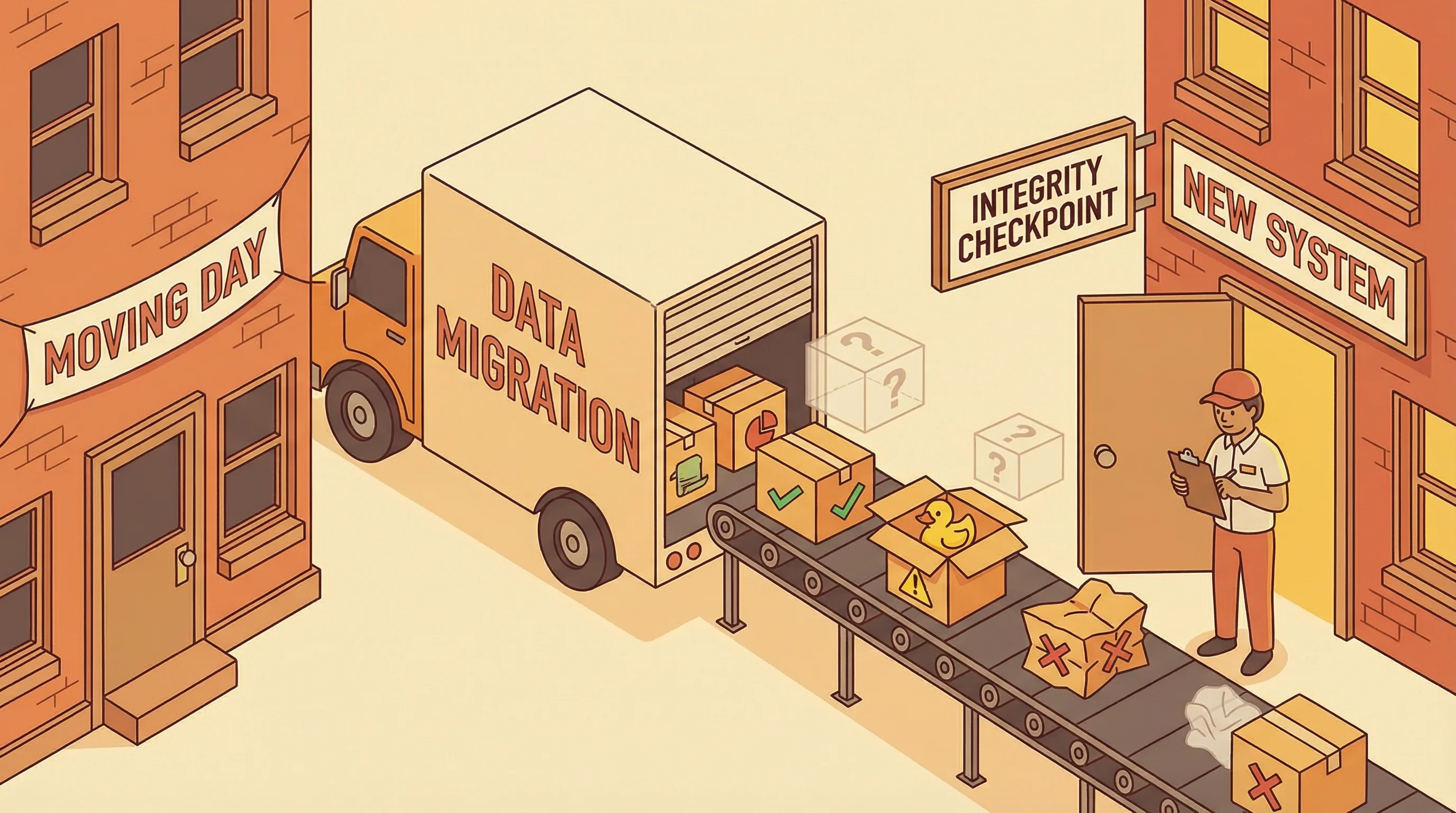 A moving truck transferring boxes from an old building to a new one, with a checker verifying every box for integrity
