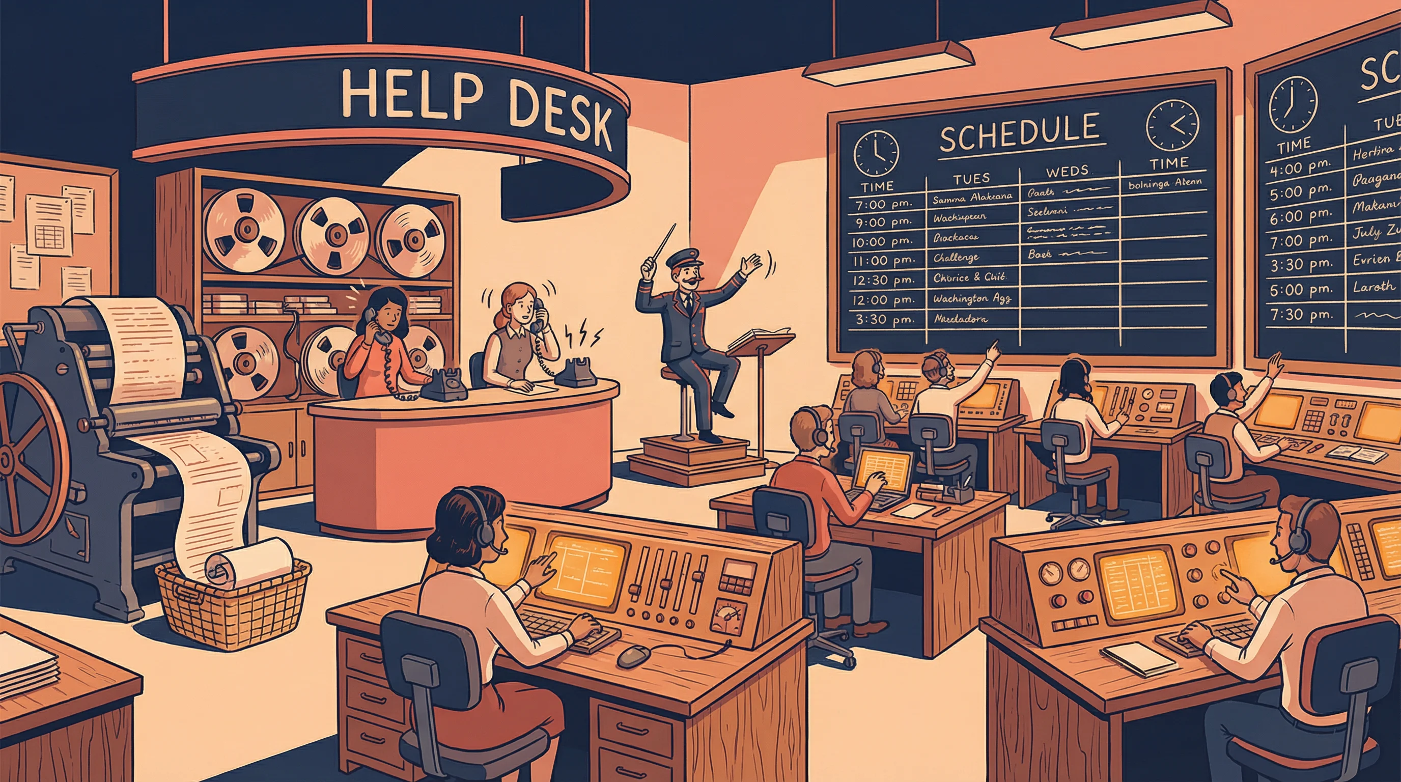 A bustling vintage command center with operators managing schedules, help desks, and tape reels