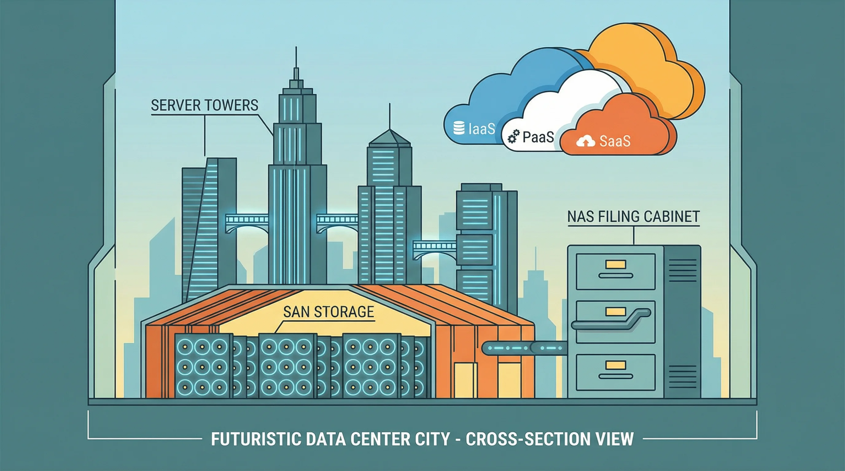A futuristic data center city with server towers, SAN storage, NAS filing cabinet, and IaaS PaaS SaaS clouds