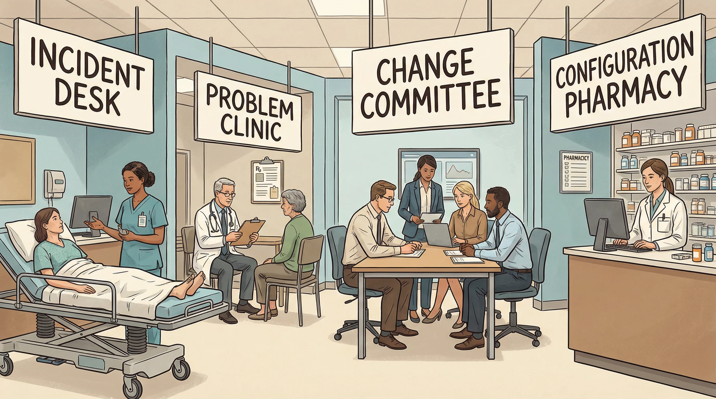 A hospital emergency room with four clearly labeled stations: Incident Desk, Problem Clinic, Change Committee, Configuration Pharmacy