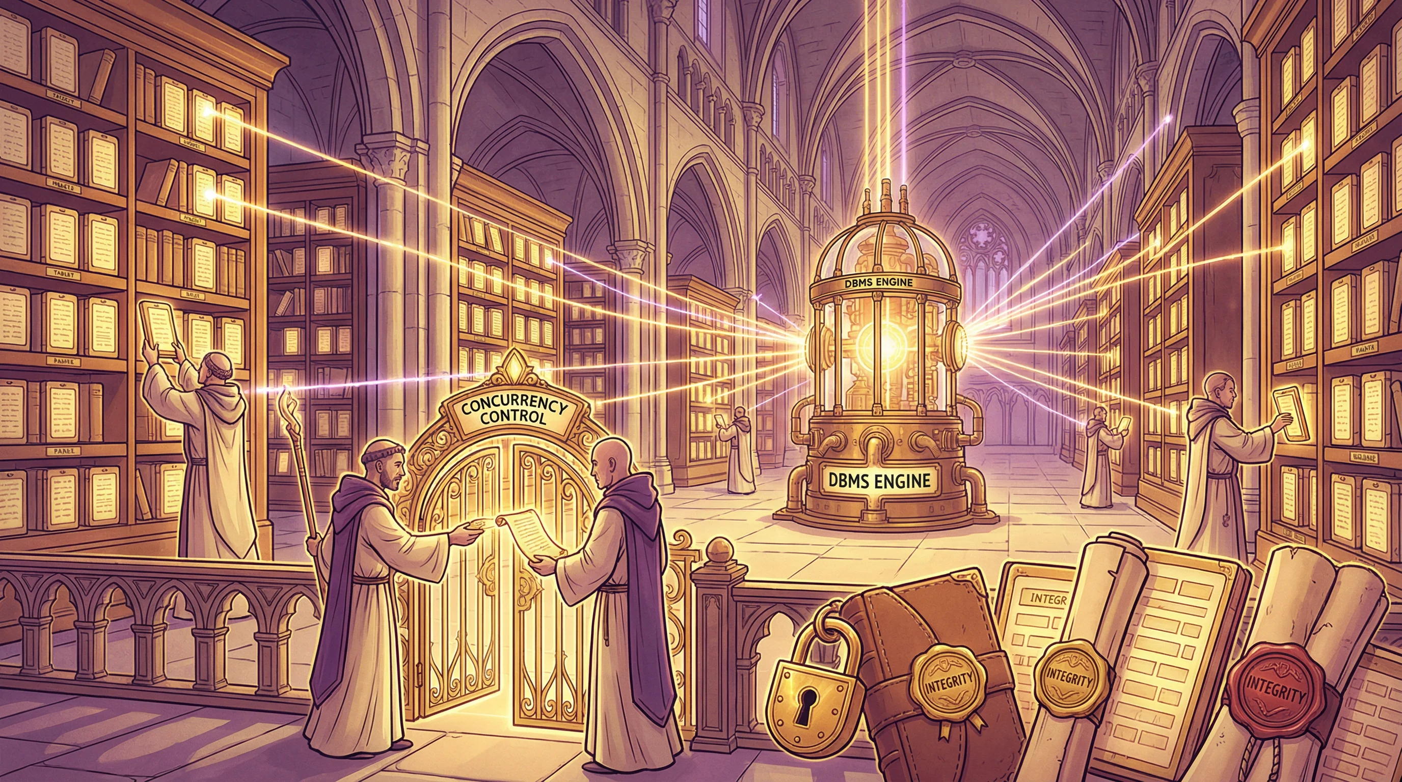 A cathedral-like library with monks normalizing records, concurrency control gates, and a glowing DBMS engine