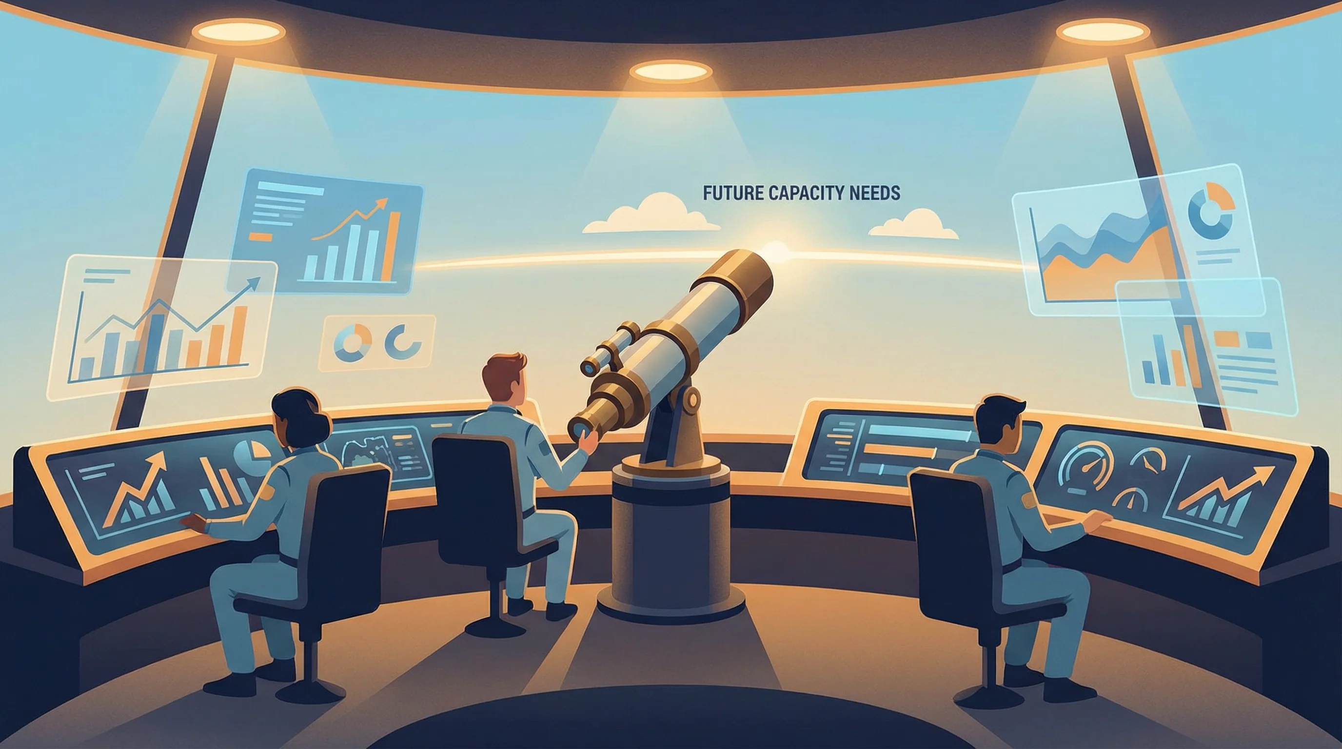 An observatory tower with operators watching performance dashboards, capacity meters, and a telescope pointed at future needs