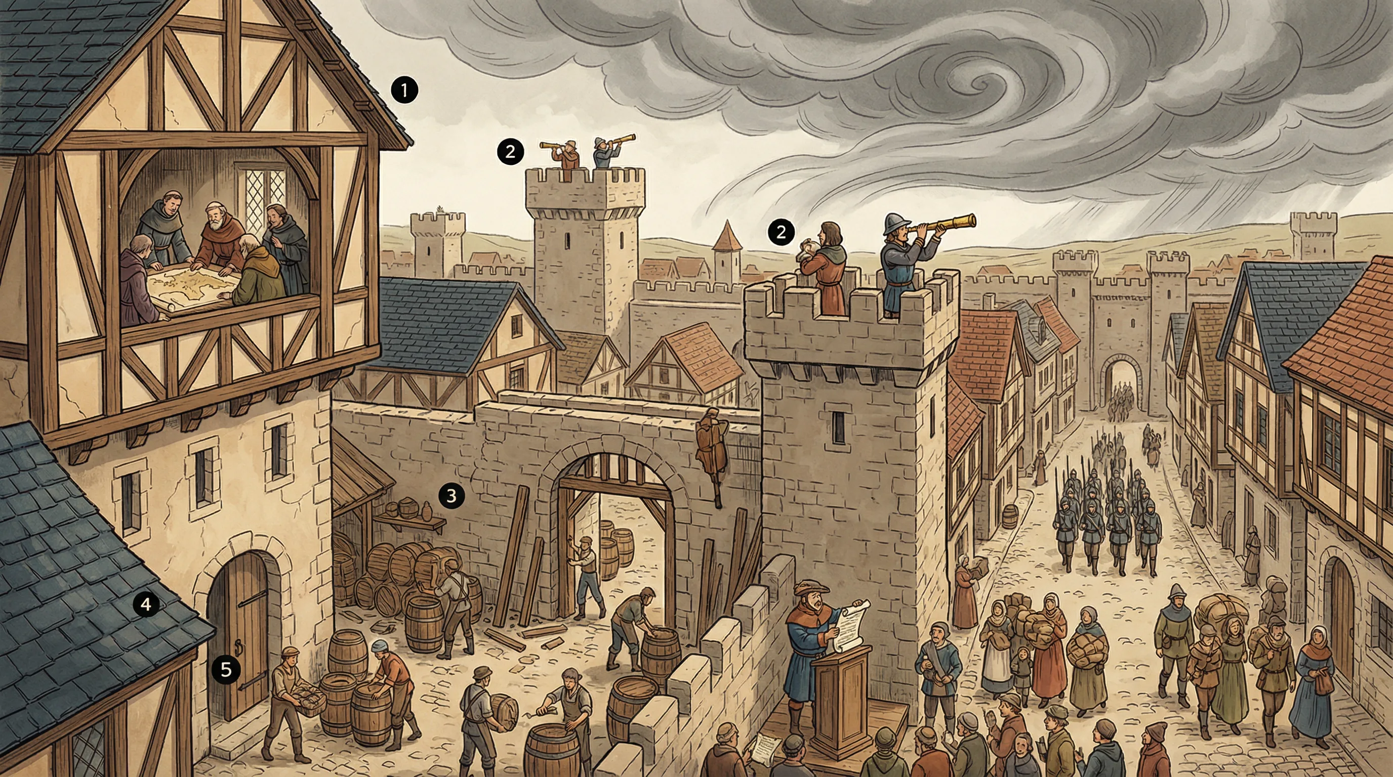A medieval town preparing for a storm with scribes analyzing critical assets, a plan-test-maintain-improve wheel, and scouts on watchtowers