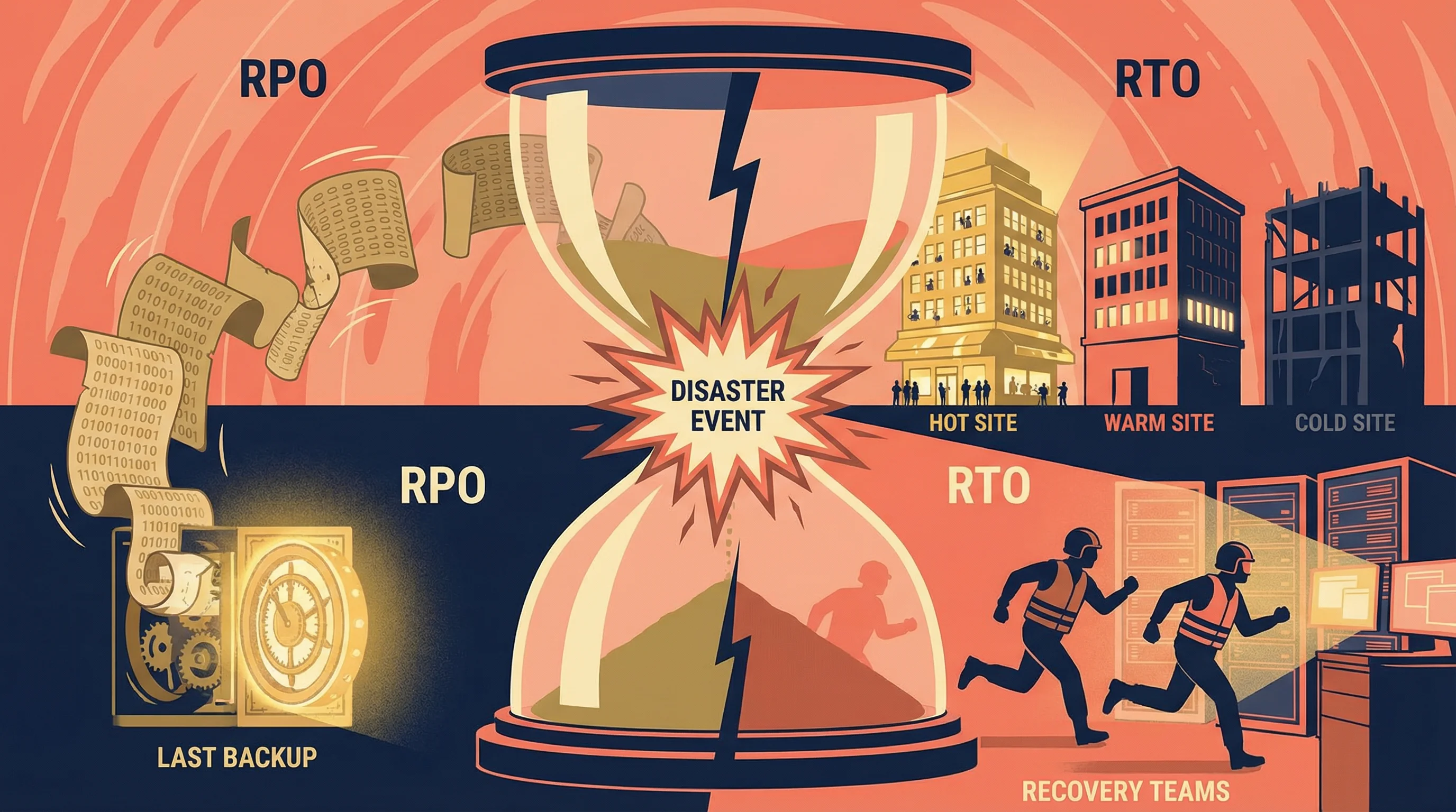 A dramatic split hourglass with RPO showing data falling backwards toward last backup, RTO showing recovery teams racing forward, hot/warm/cold sites in background