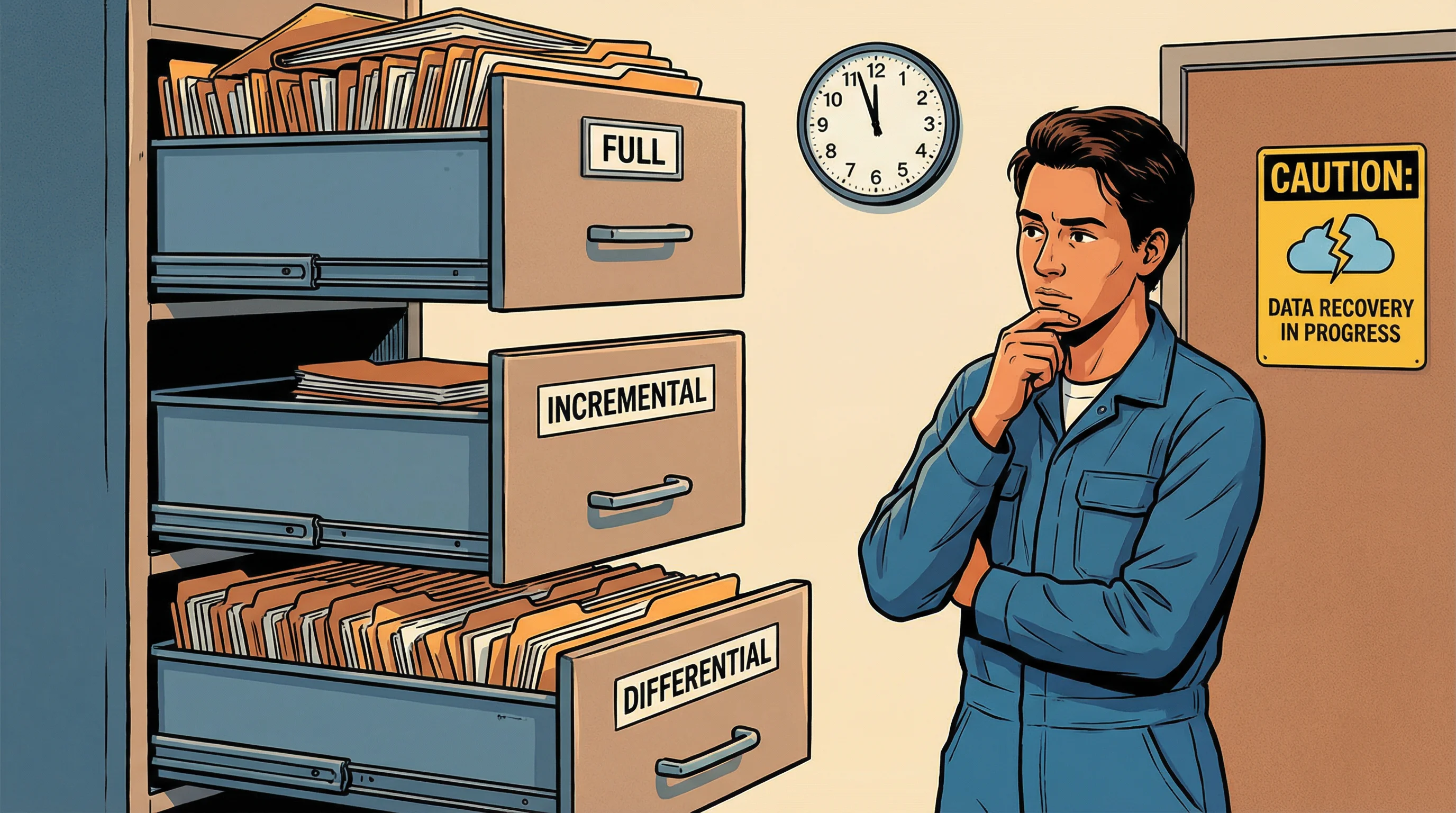 Three filing cabinet drawers labeled Full, Incremental, and Differential with a technician deciding which drawer to open during recovery