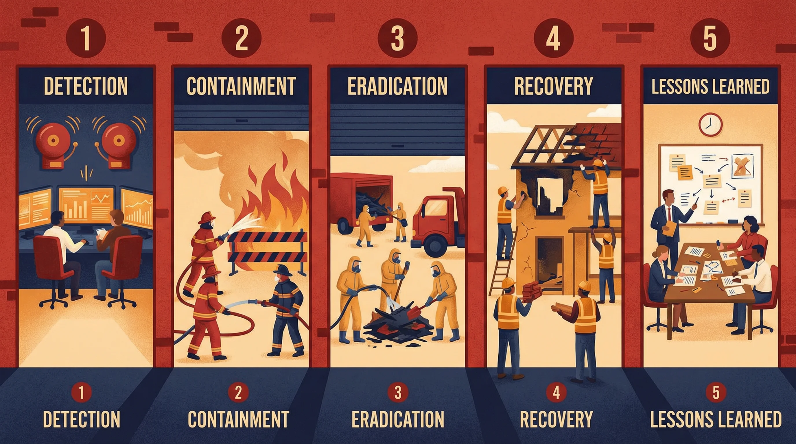 A fire station with five sequential bays showing Detection, Containment, Eradication, Recovery, and Lessons Learned