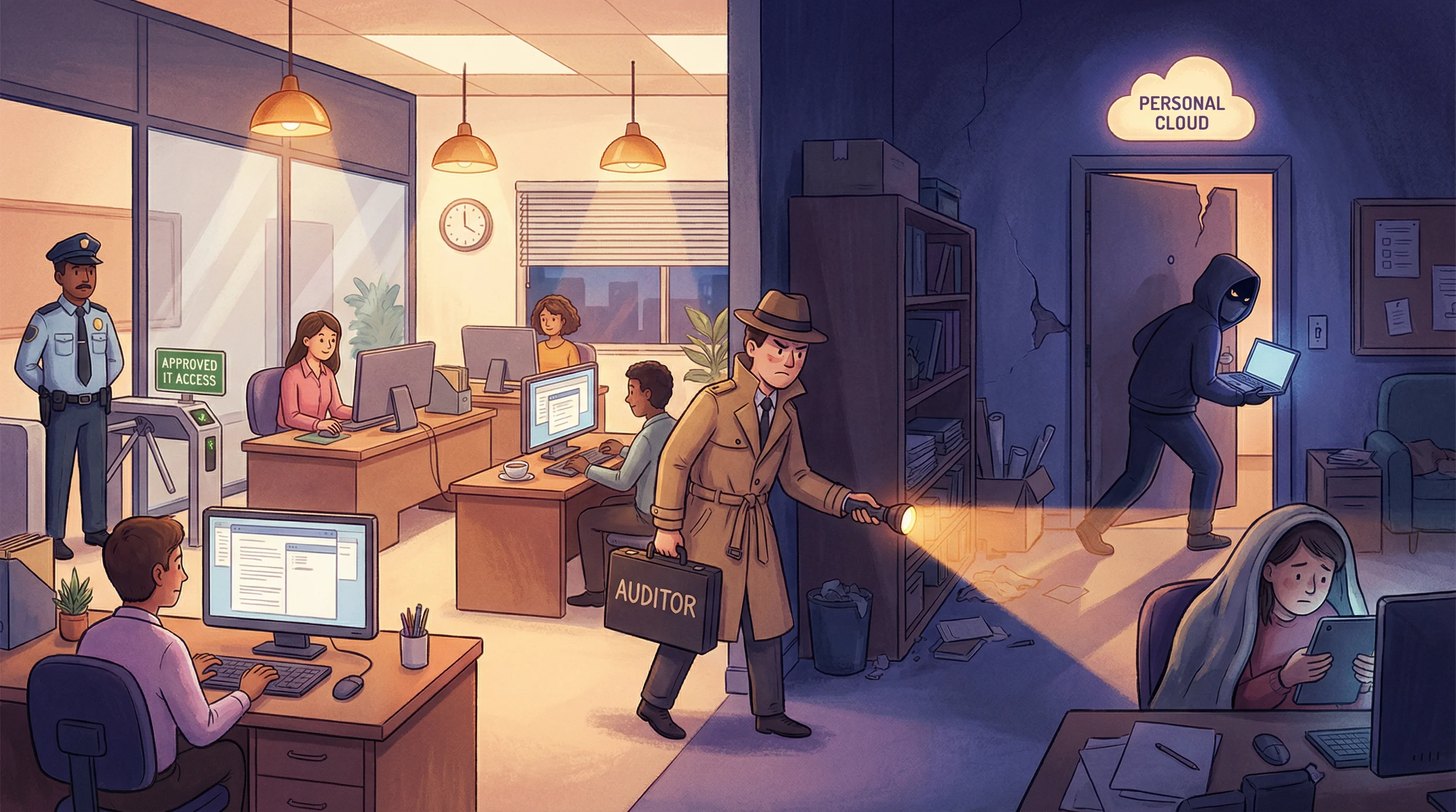Split office scene &mdash; bright side with approved IT systems and guards, shadowy side with unauthorized devices and personal cloud apps, auditor with flashlight in the middle