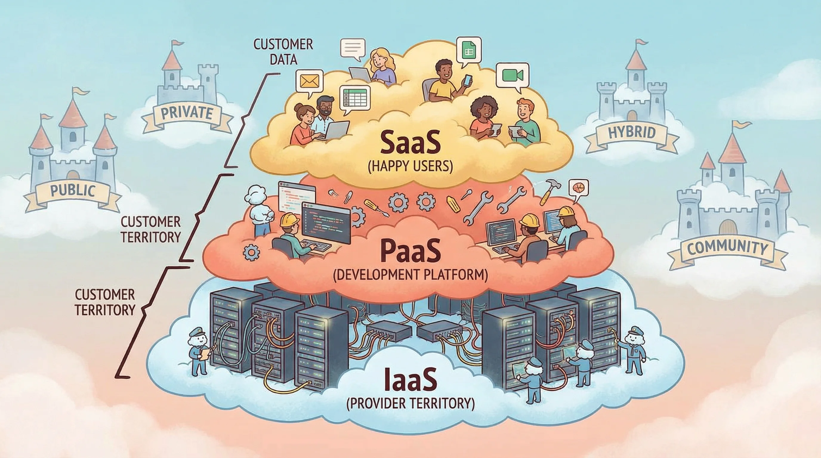A three-layered cloud kingdom &mdash; IaaS at bottom with servers, PaaS in middle with development tools, SaaS on top with happy users, deployment model castles labeled Public Private Hybrid Community
