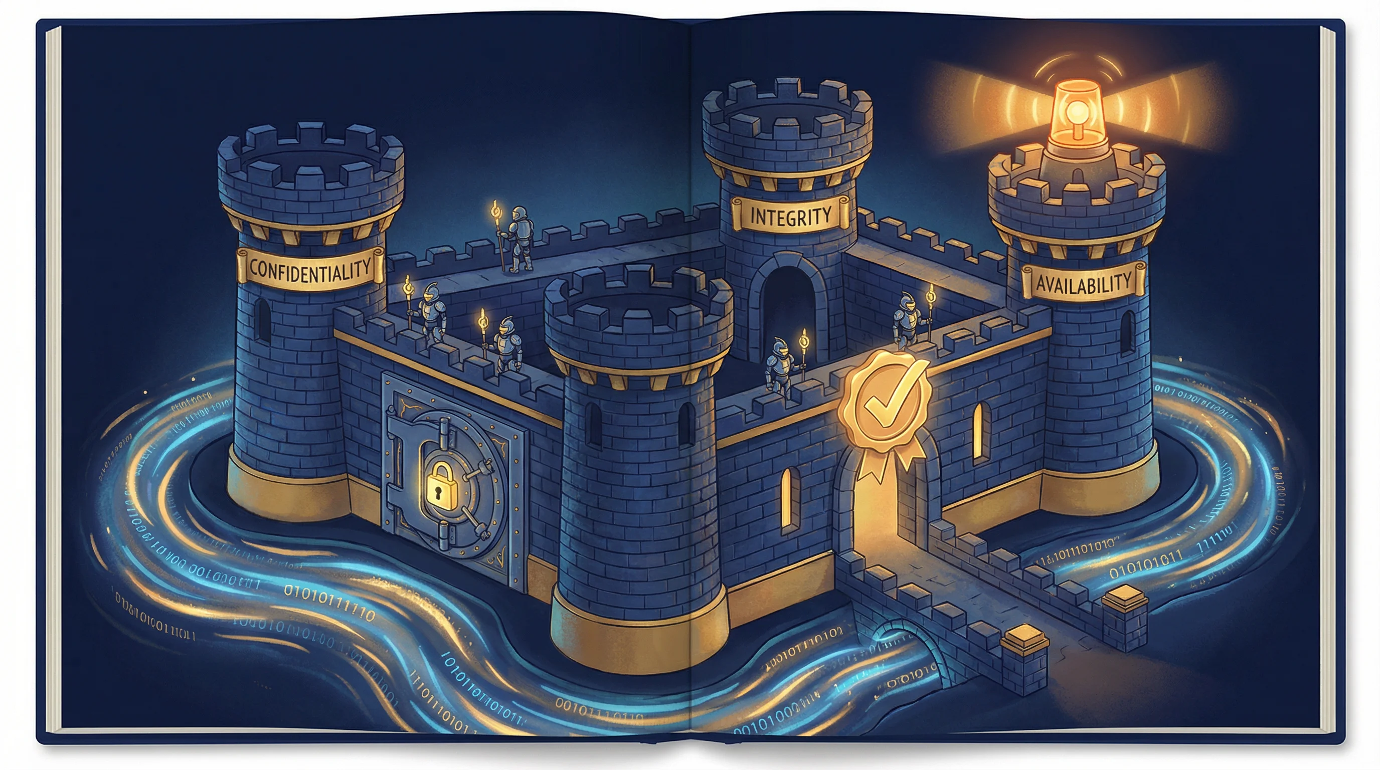 Three pillars representing Confidentiality, Integrity, and Availability