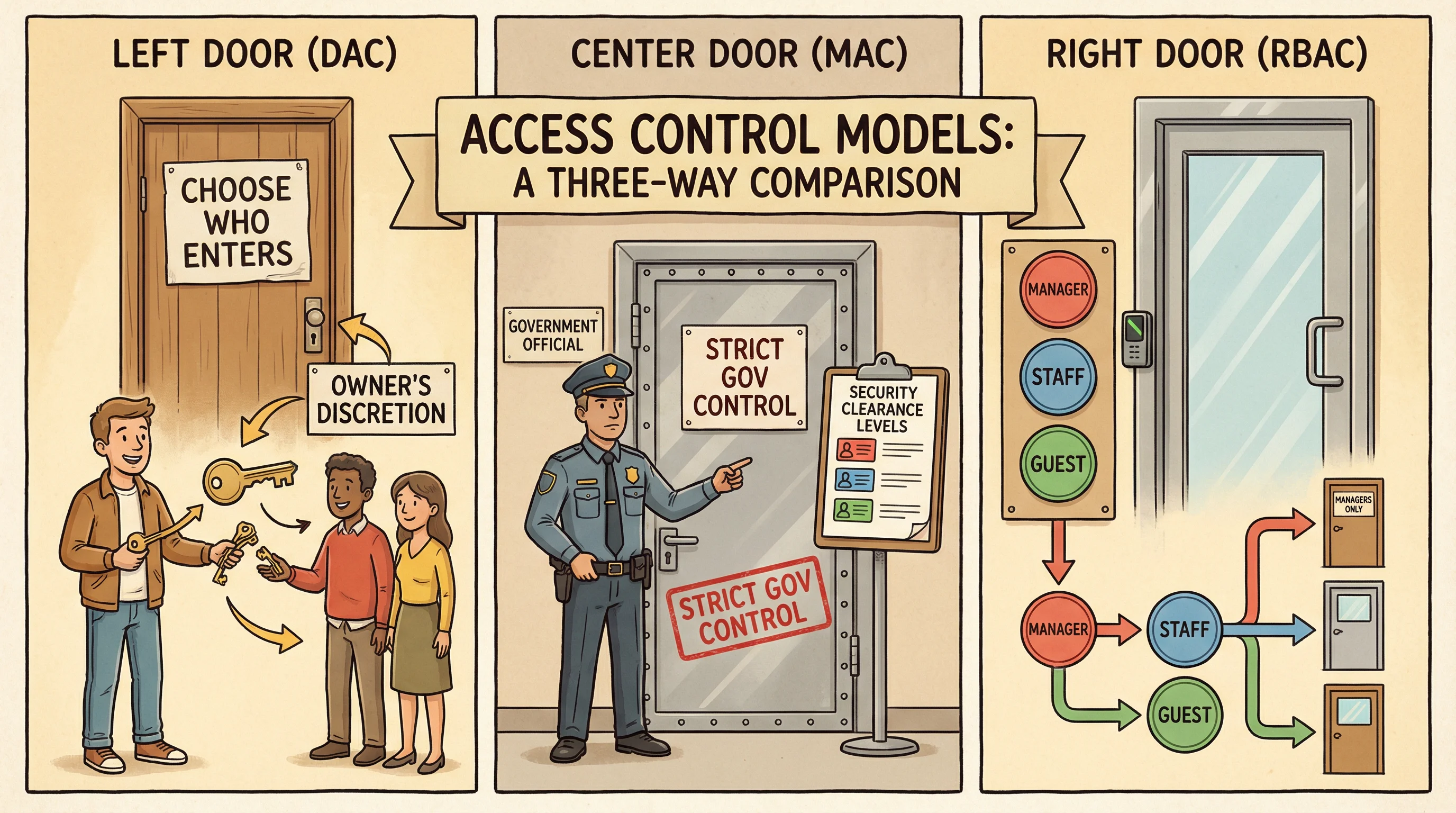 Three doors representing DAC, MAC, and RBAC access control models