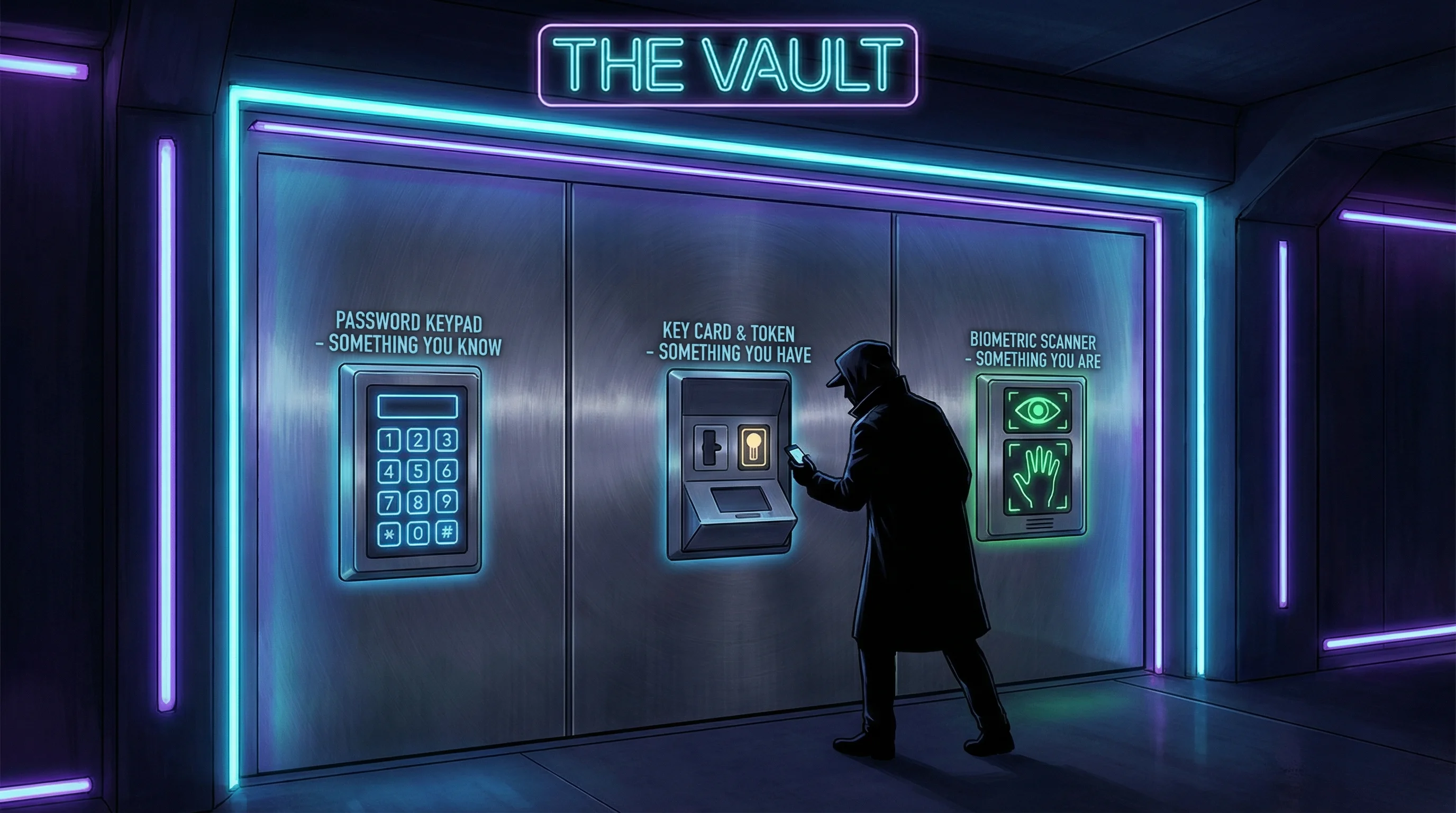 A futuristic vault door with three authentication mechanisms