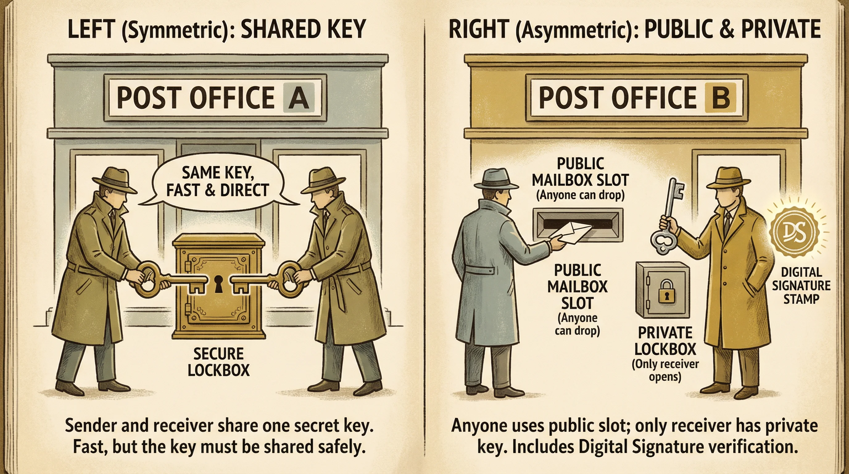 Two post offices comparing symmetric and asymmetric encryption