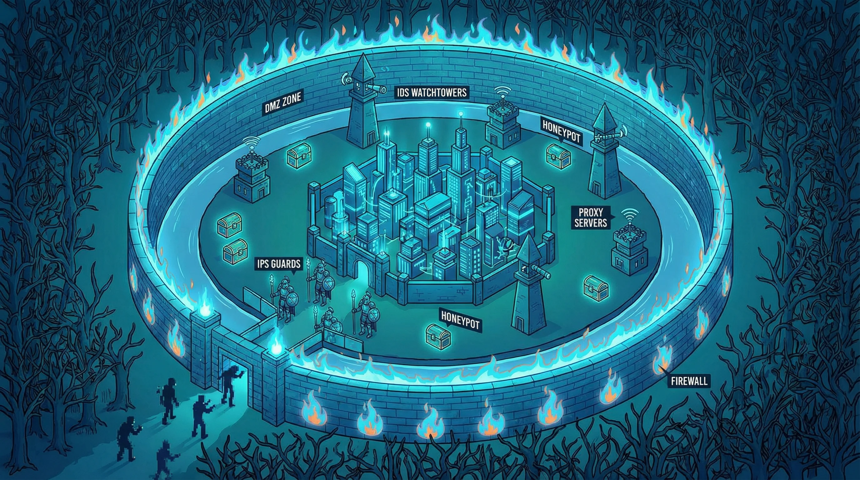 A walled city with layered network defenses