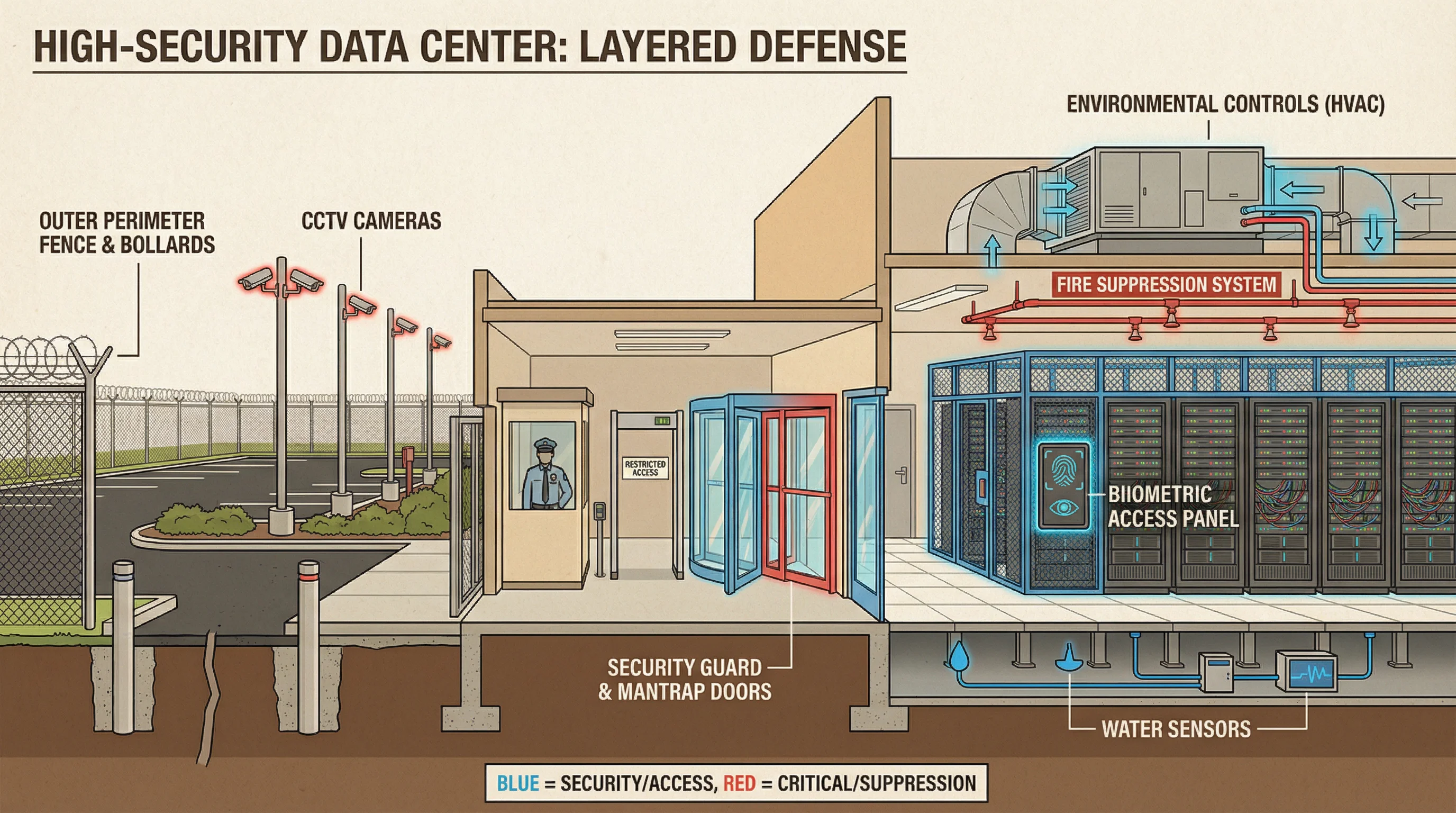Cross-section of a high-security data center showing layered defenses