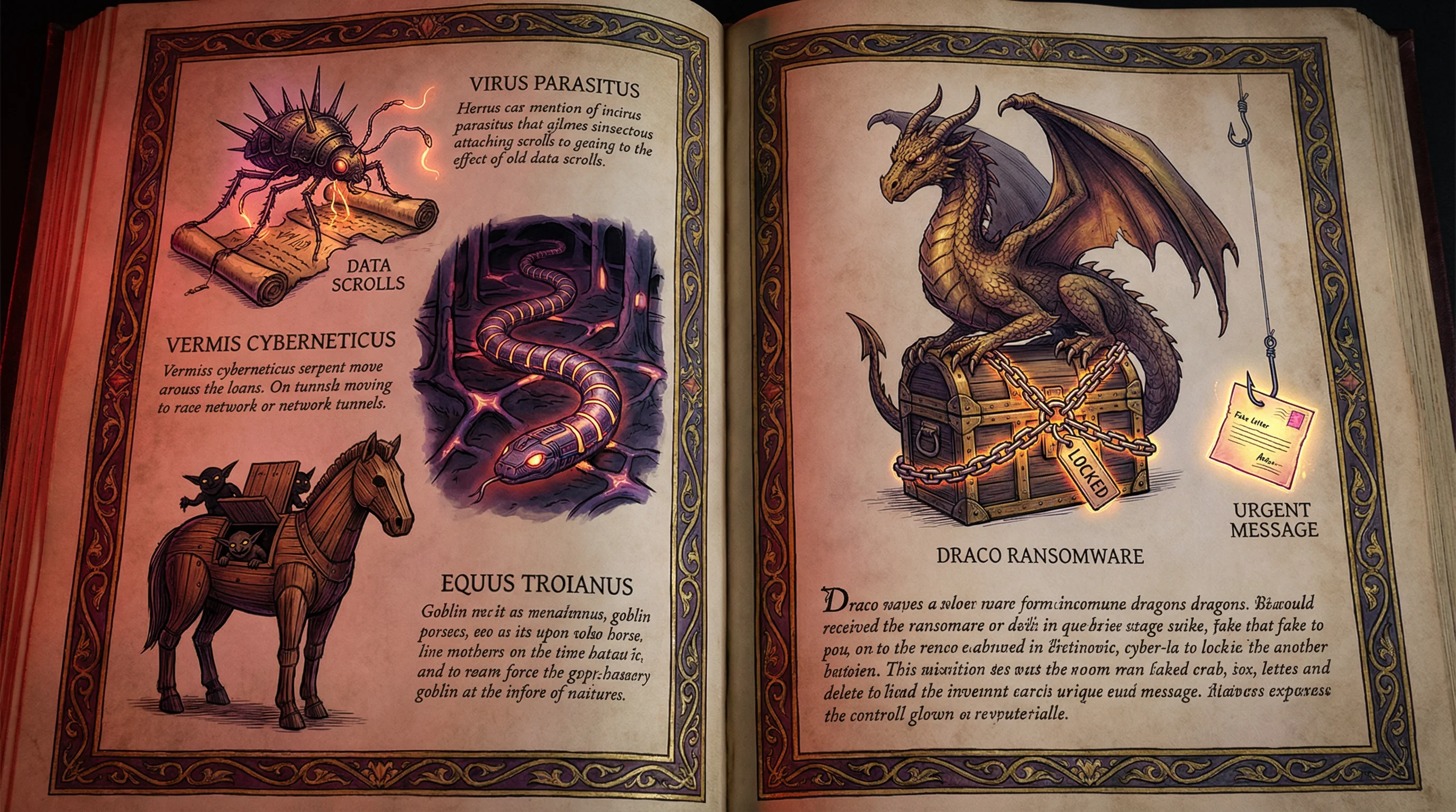 A fantasy bestiary showing cyber threats as creatures