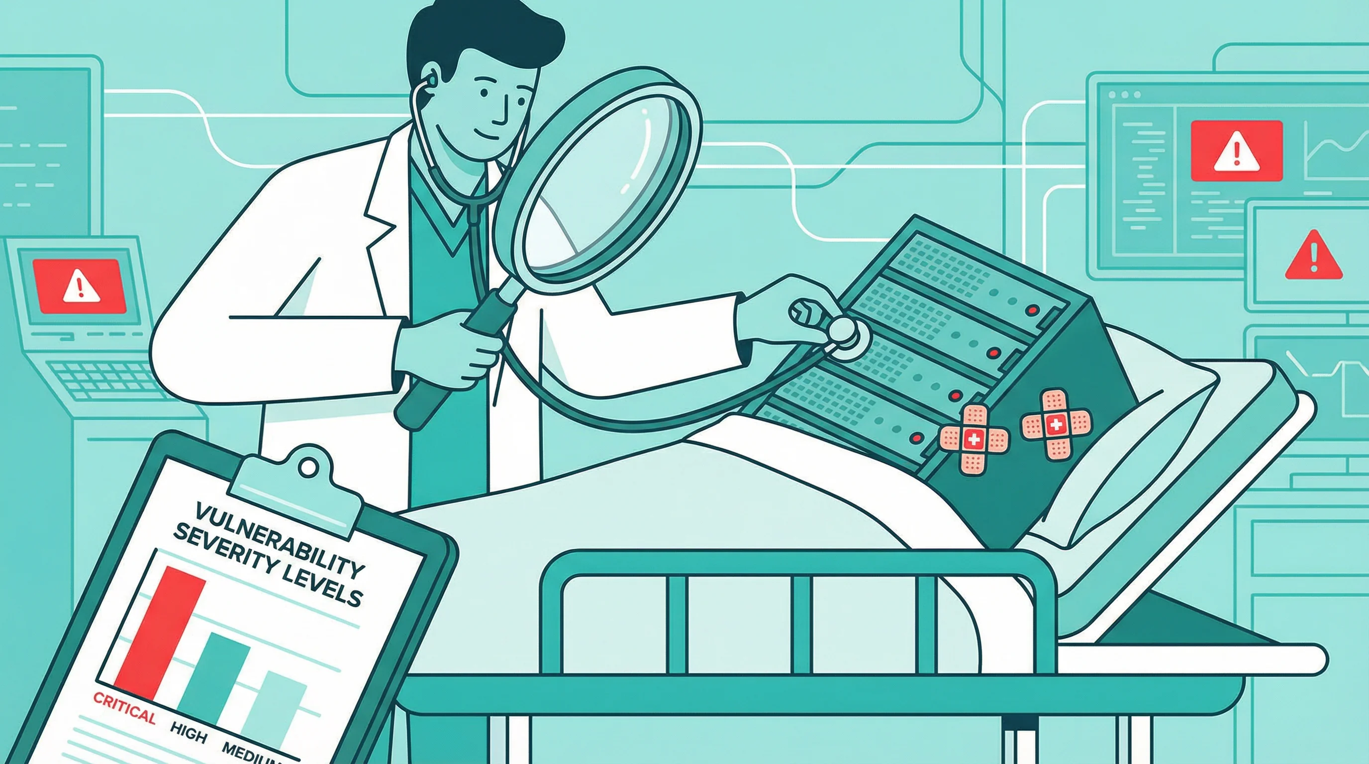 A cybersecurity doctor examining a server patient