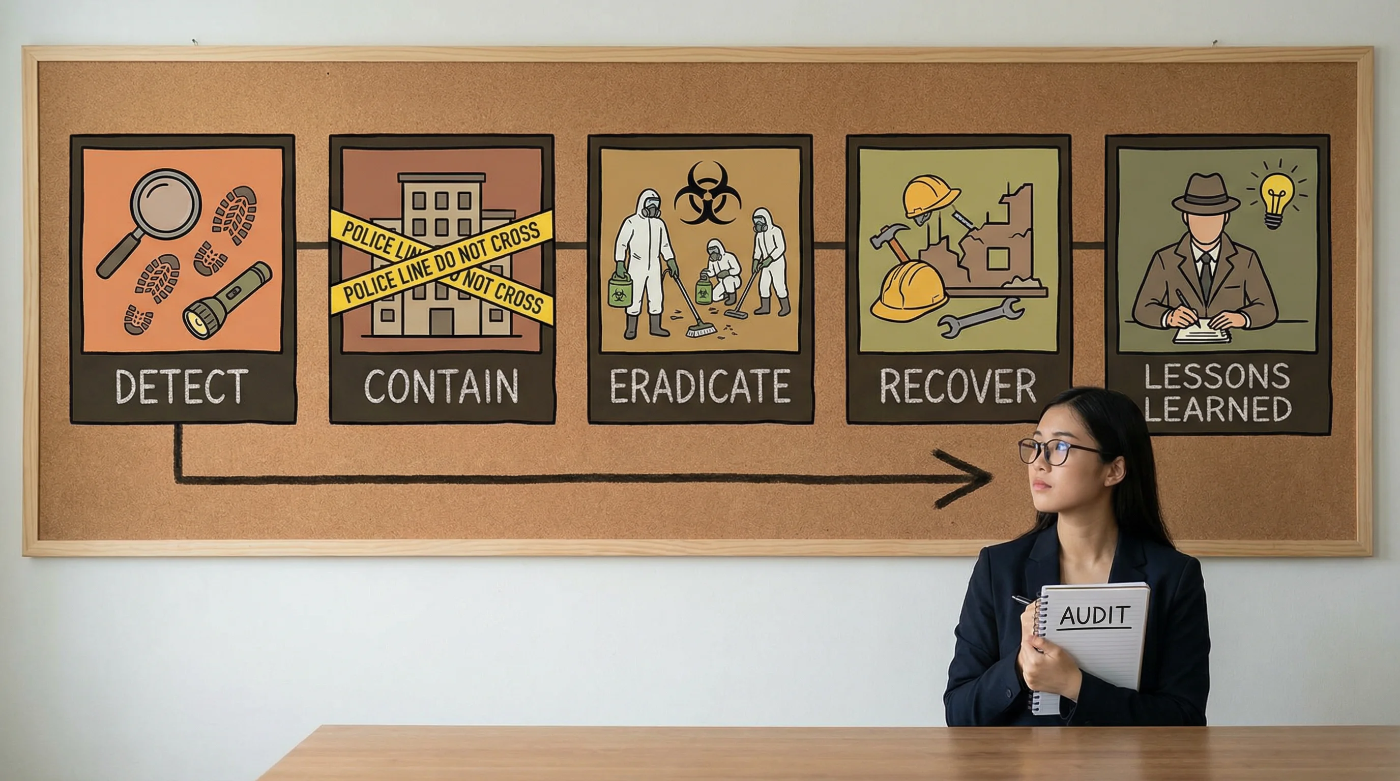 A crime scene investigation timeline with five phases