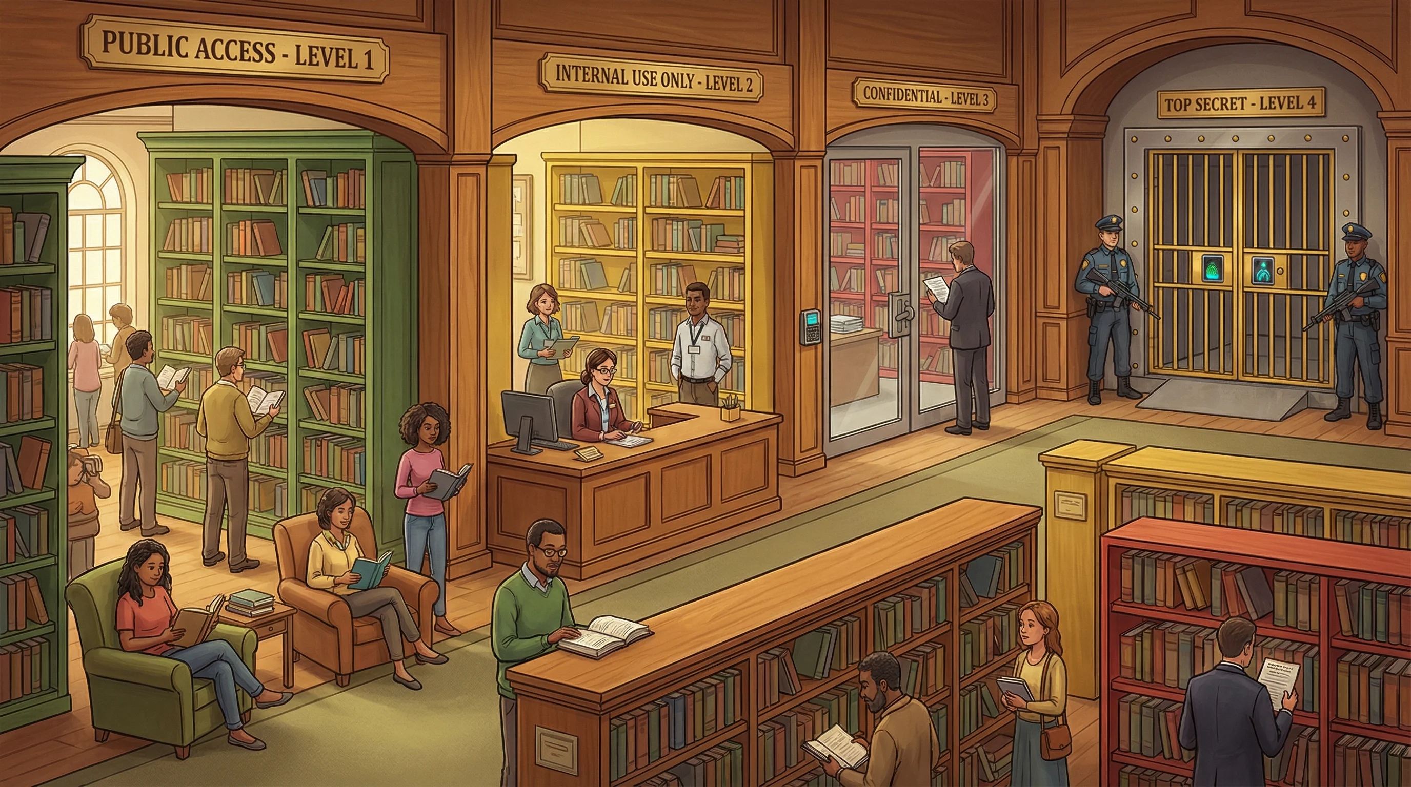 A grand library with sections of increasing security