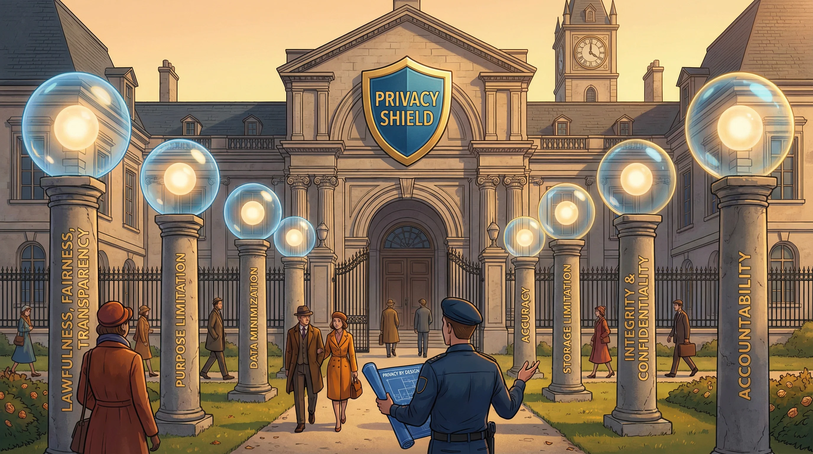 A European courthouse with privacy shield emblem and GDPR pillars