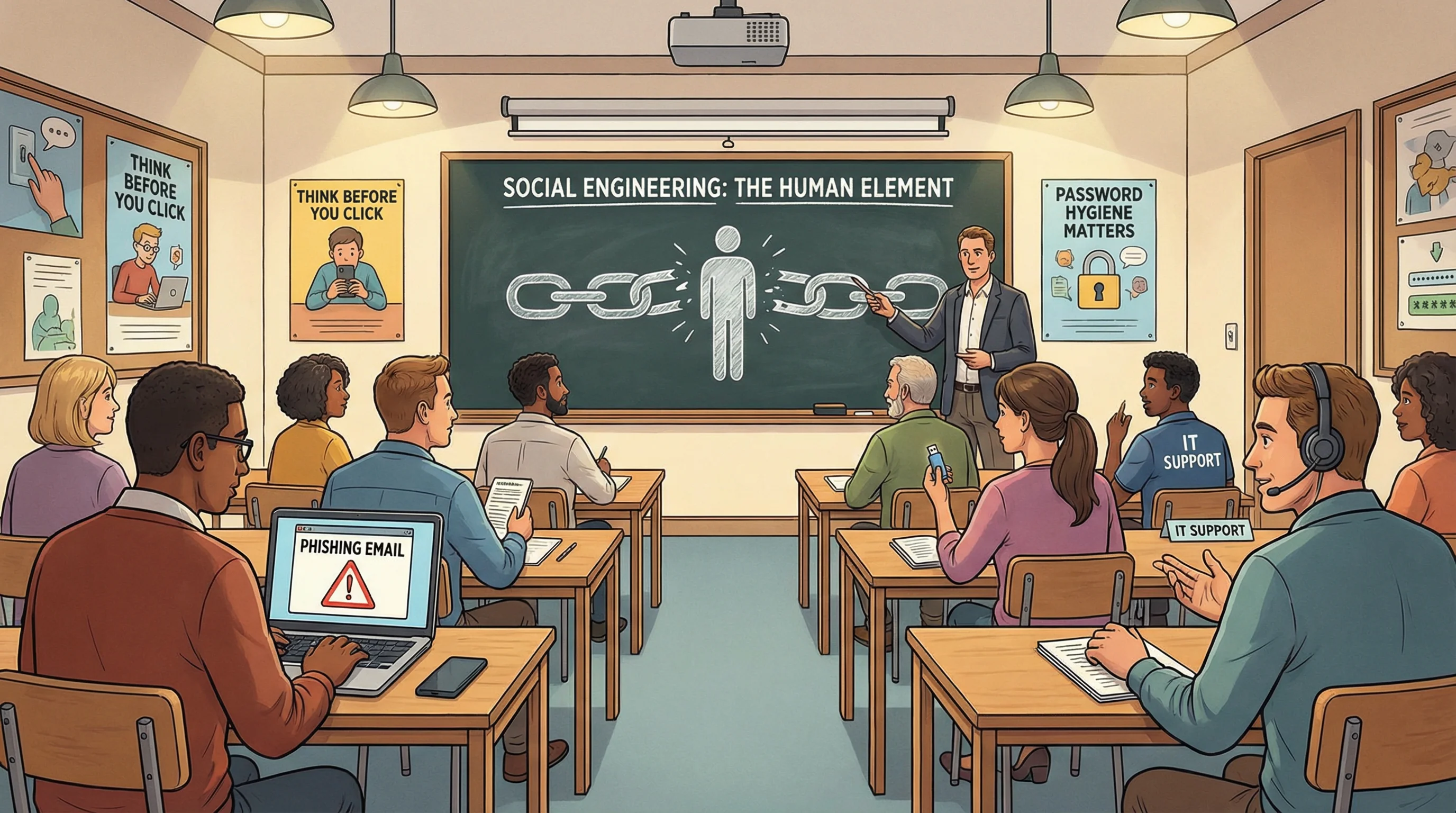 A classroom teaching security awareness with a human figure as the weakest link