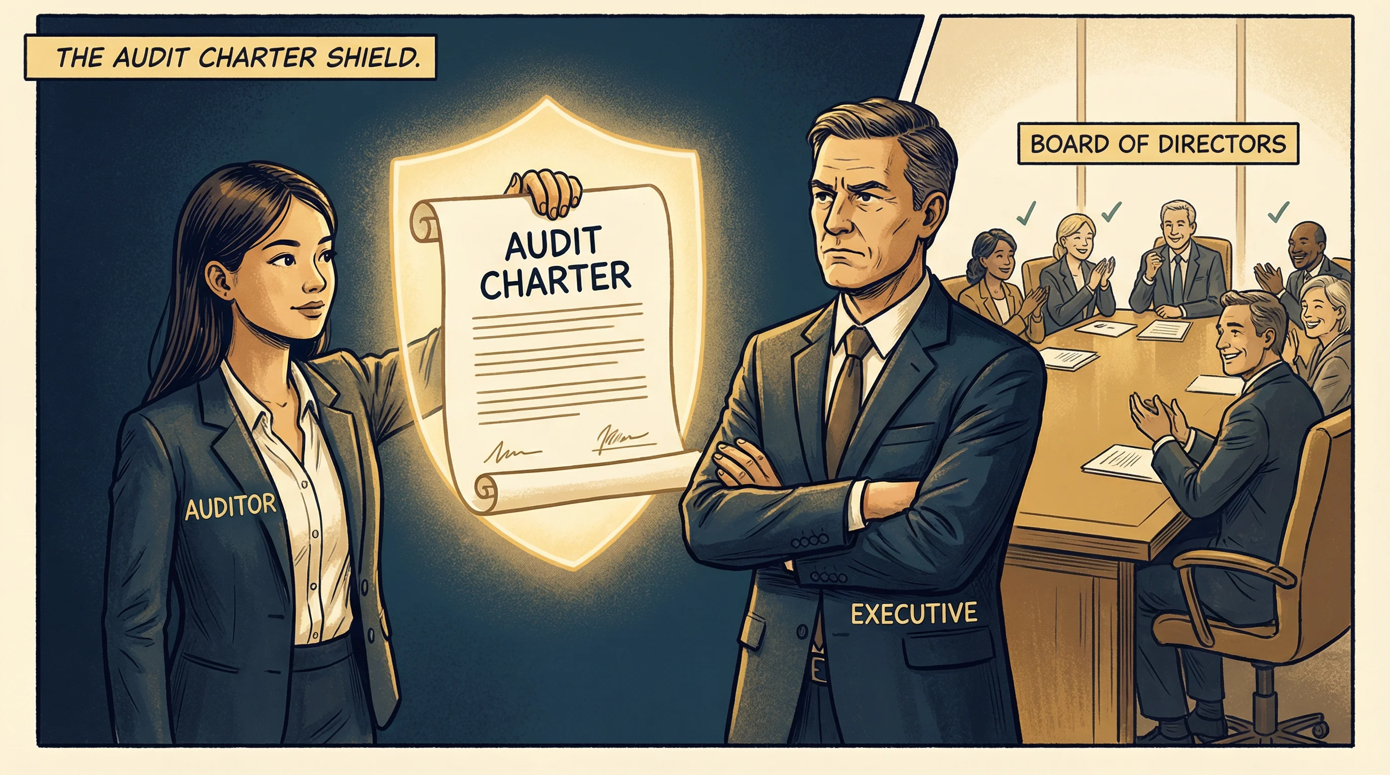 An auditor holding the audit charter like a shield while a board of directors approves in the background