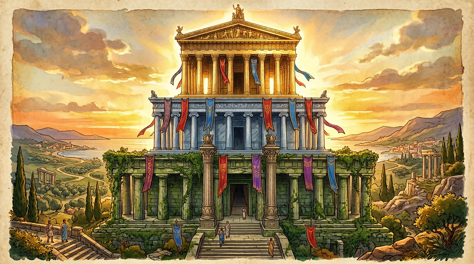 An ancient temple illustration representing the ISACA standards framework hierarchy