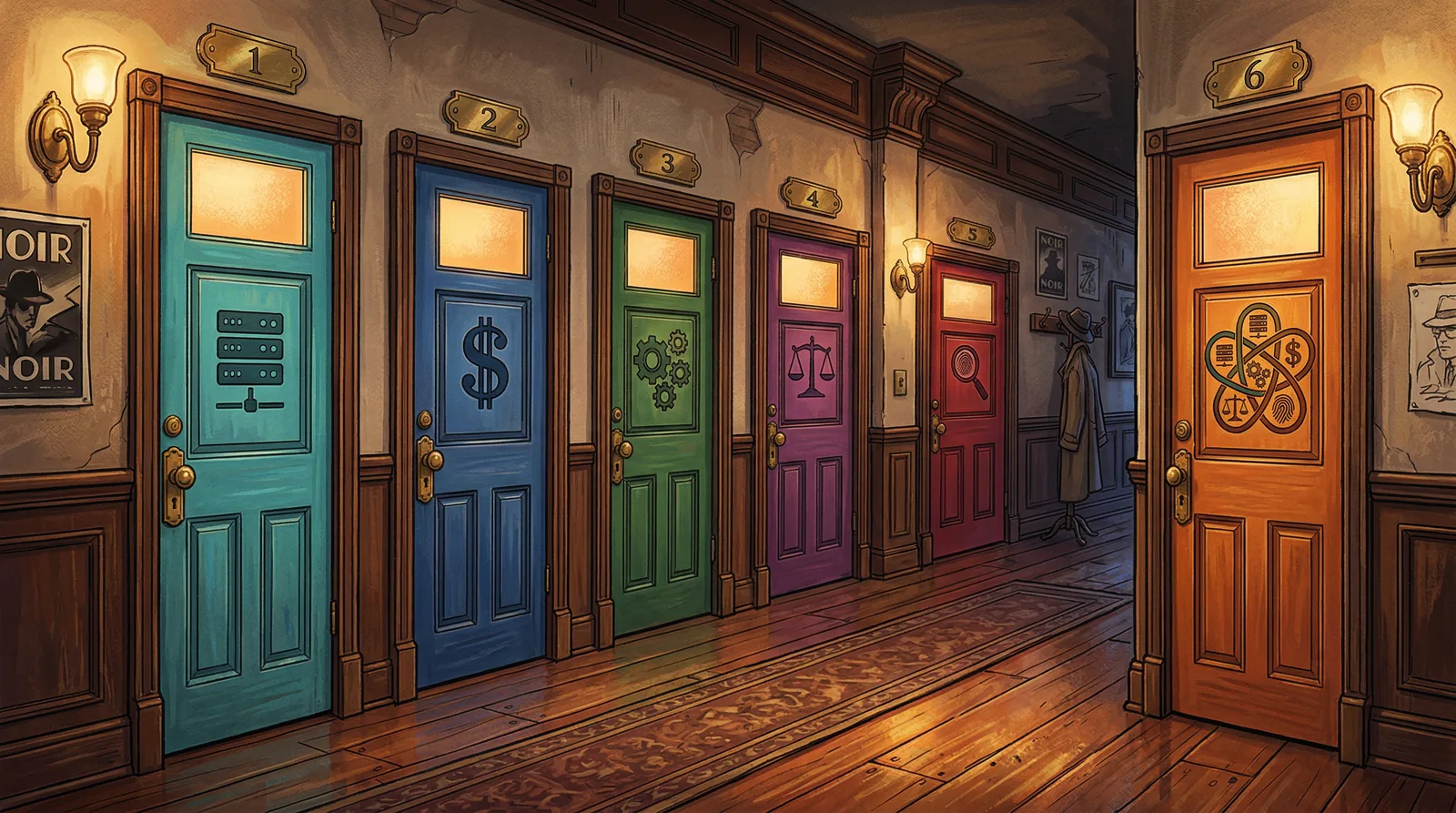 A detective agency scene with different investigators representing various audit types