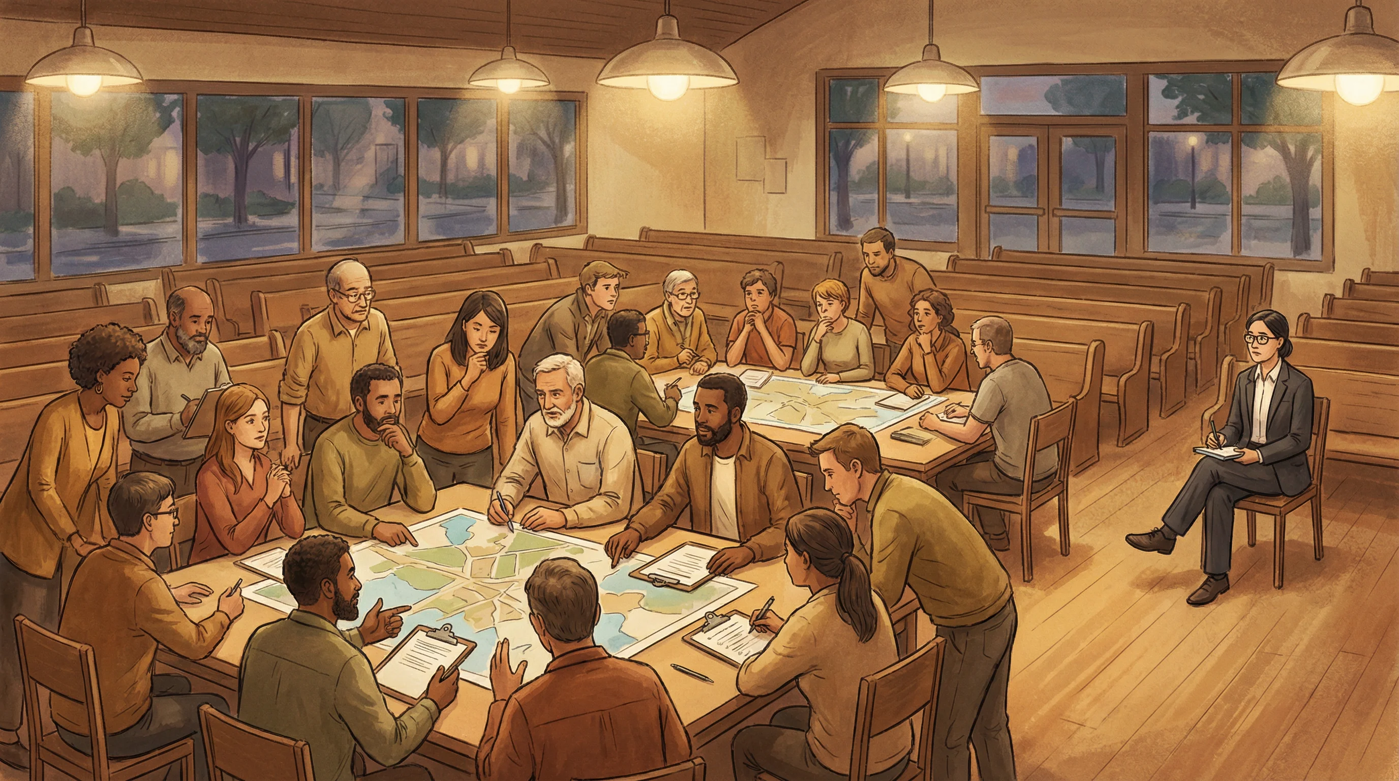 A town hall meeting scene illustrating collaborative control self-assessment